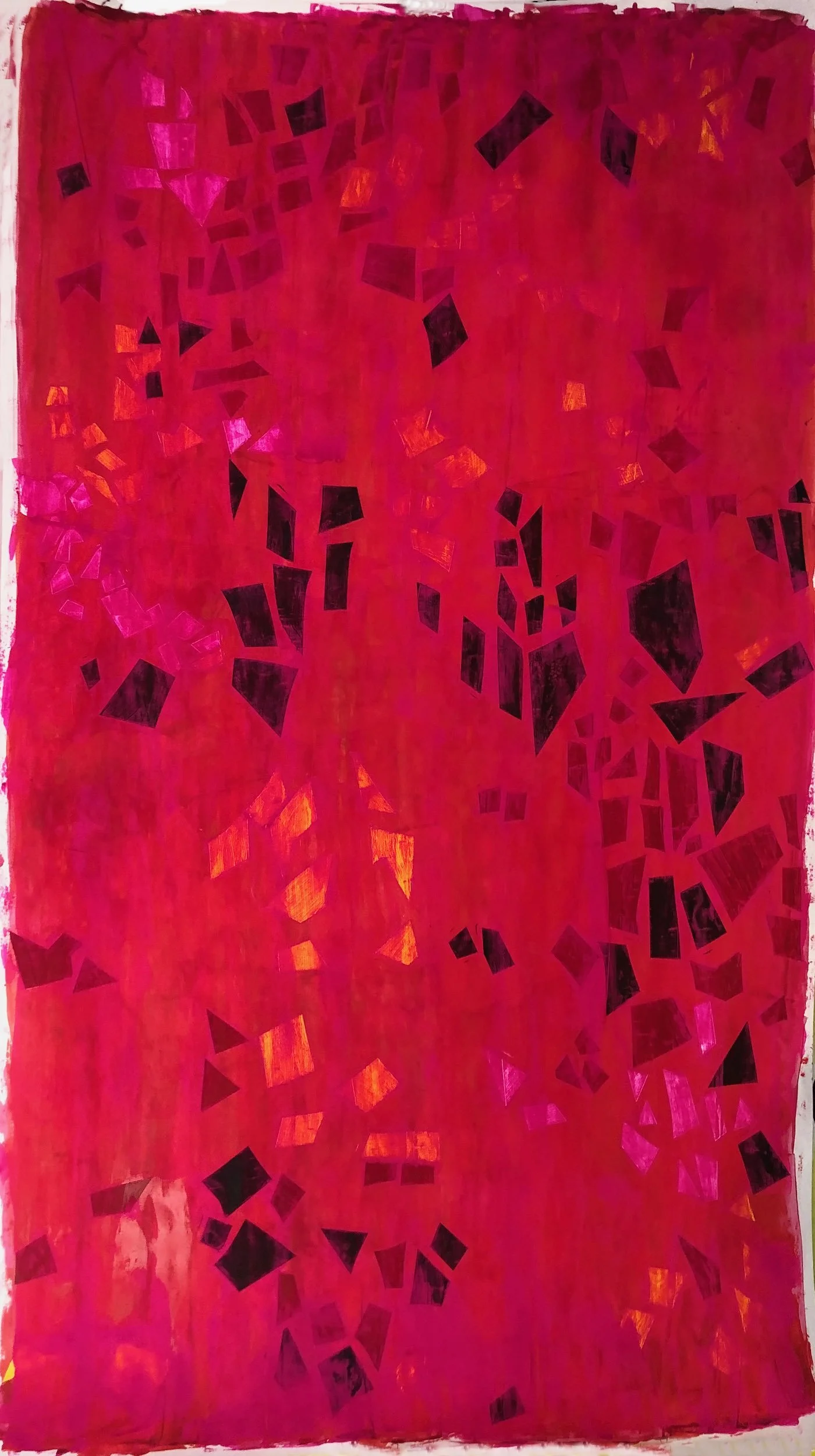 Abstract artwork featuring a red background with scattered black, orange, and pink geometric shapes.
