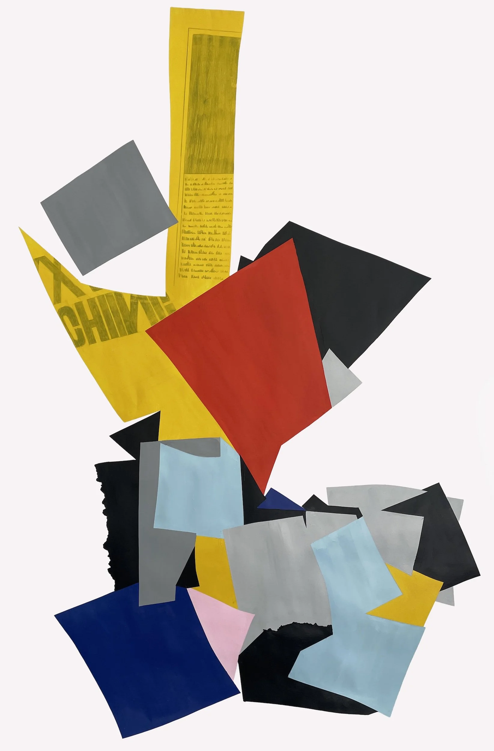 Abstract collage artwork featuring various irregularly shaped paper cutouts in colors including yellow, red, black, gray, blue, gray, pink, and white, arranged against a white background.