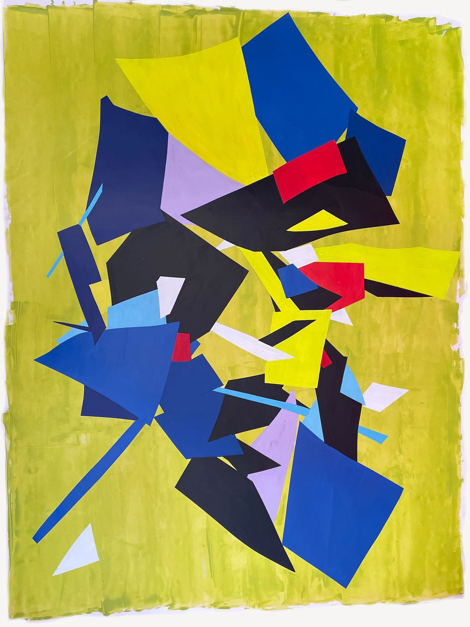 Abstract geometric painting with bold shapes in blue, black, red, yellow, purple, and white on a textured yellow-green background.