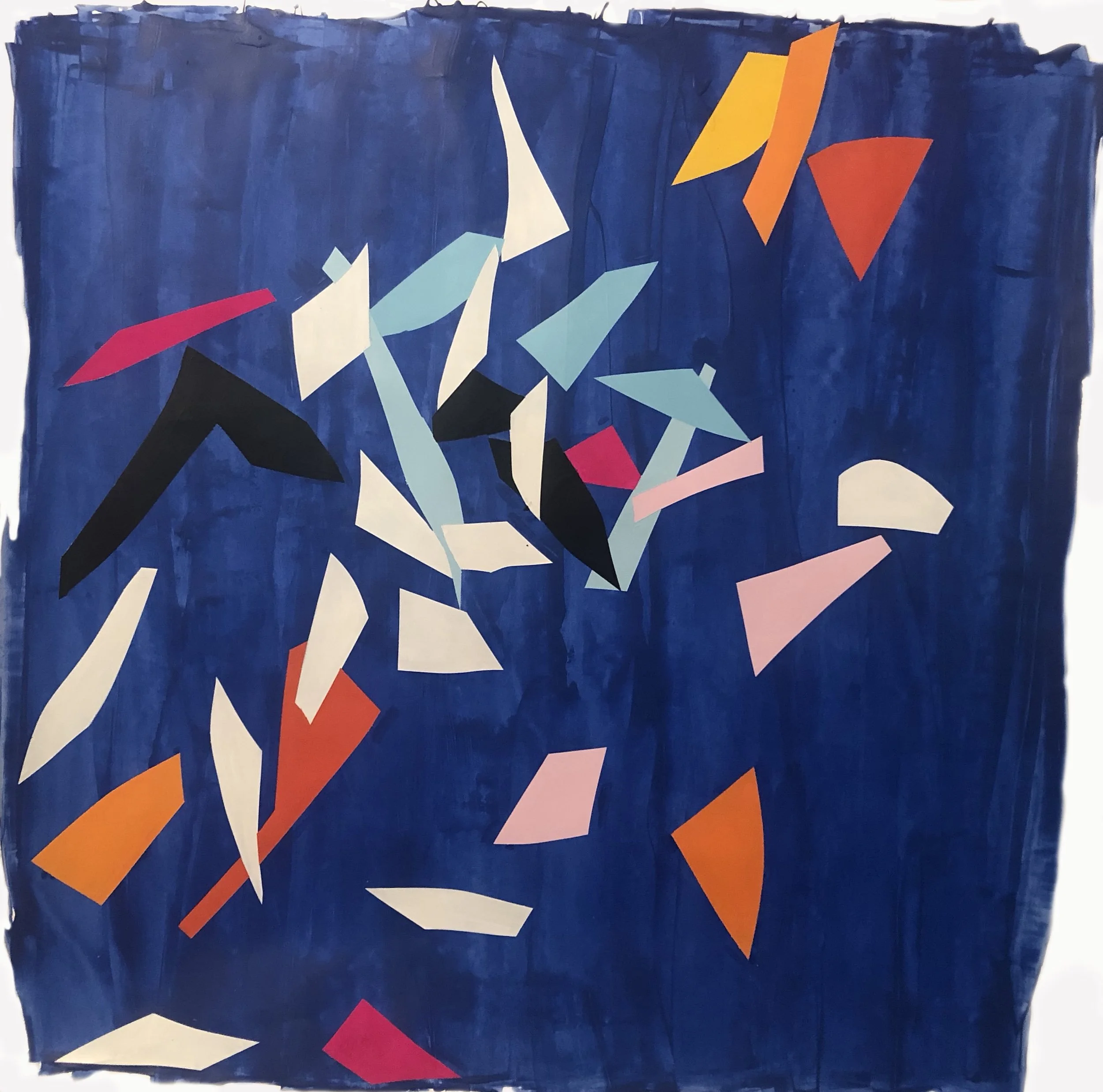 An abstract painting with a dark blue background and colorful geometric shapes such as triangles and quadrilaterals scattered across the canvas.