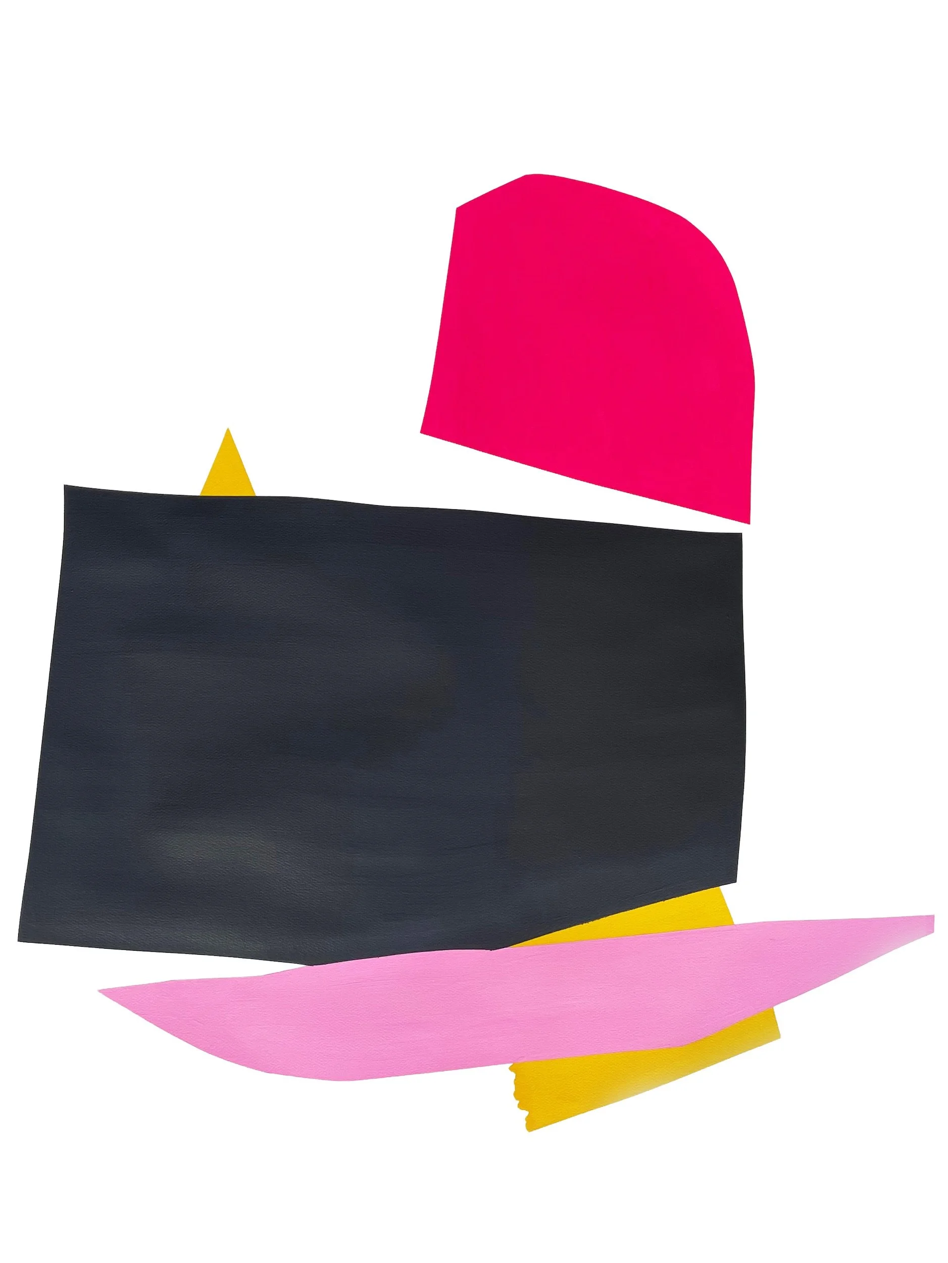 Abstract collage of cut paper shapes in pink, yellow, black, and white.