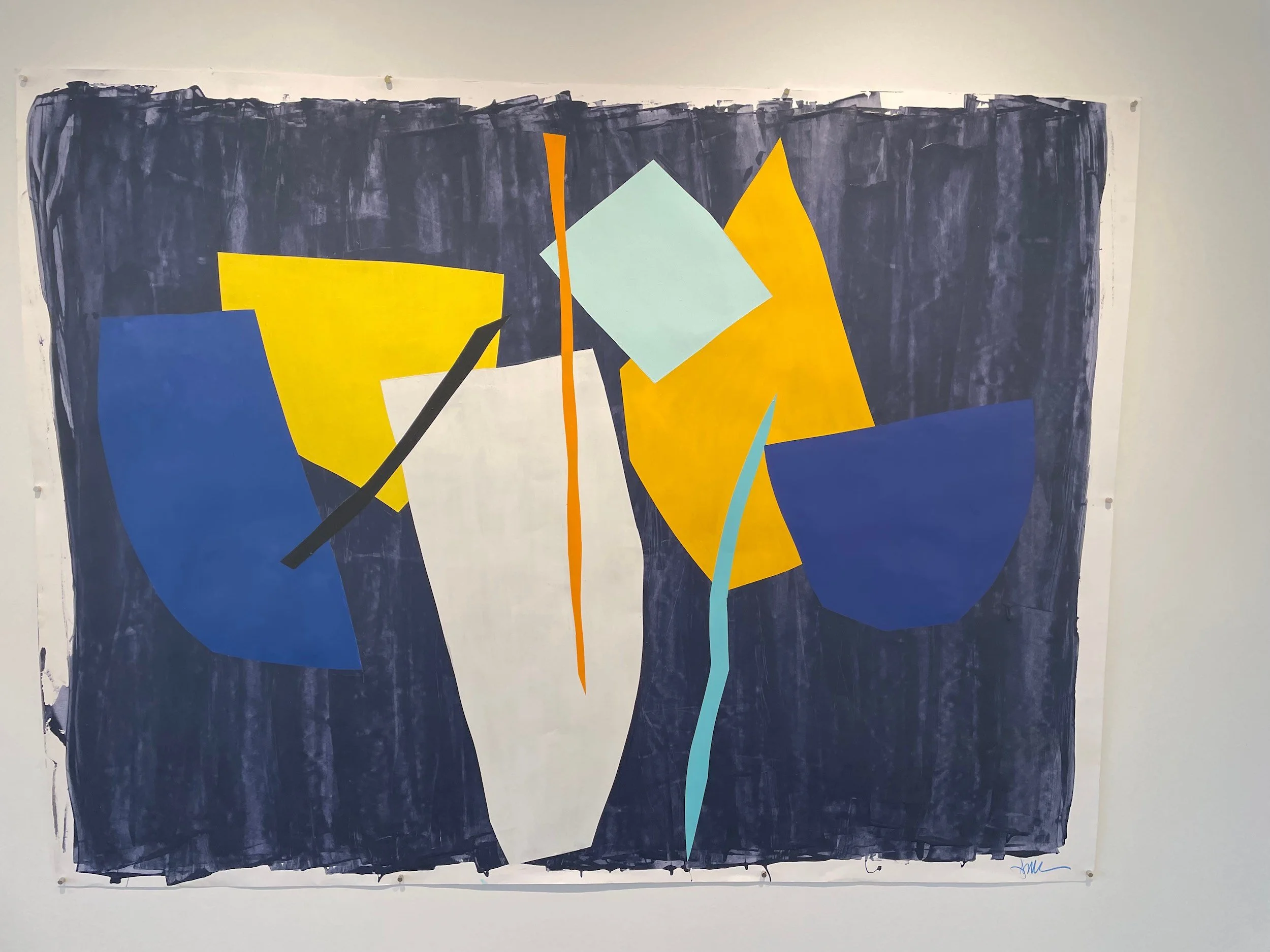 Abstract painting with large dark blue background and geometric shapes in yellow, white, light blue, and orange.