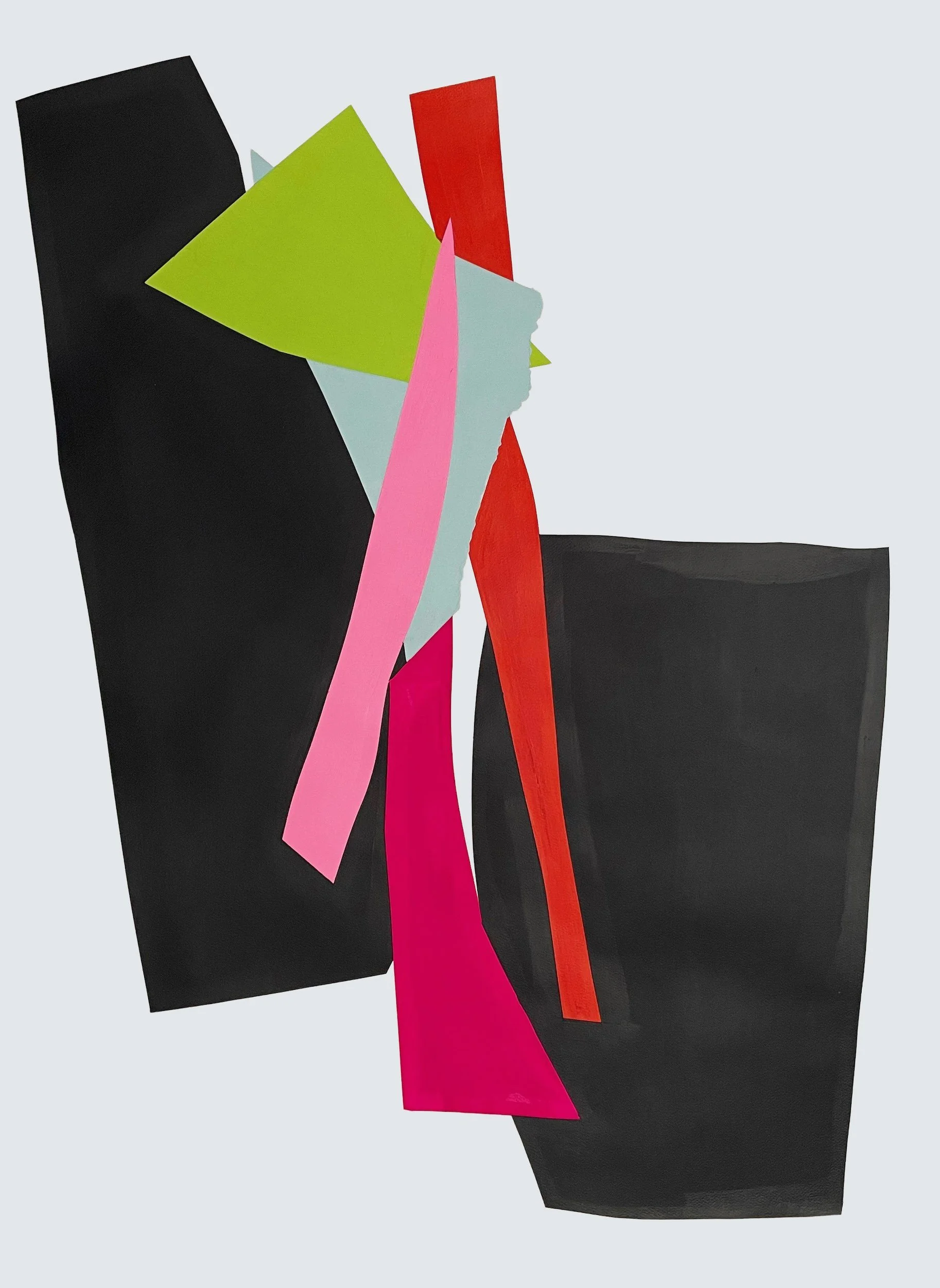 Abstract collage artwork with irregular colored paper shapes on a light gray background, including black, green, red, pink, light blue, and magenta pieces.