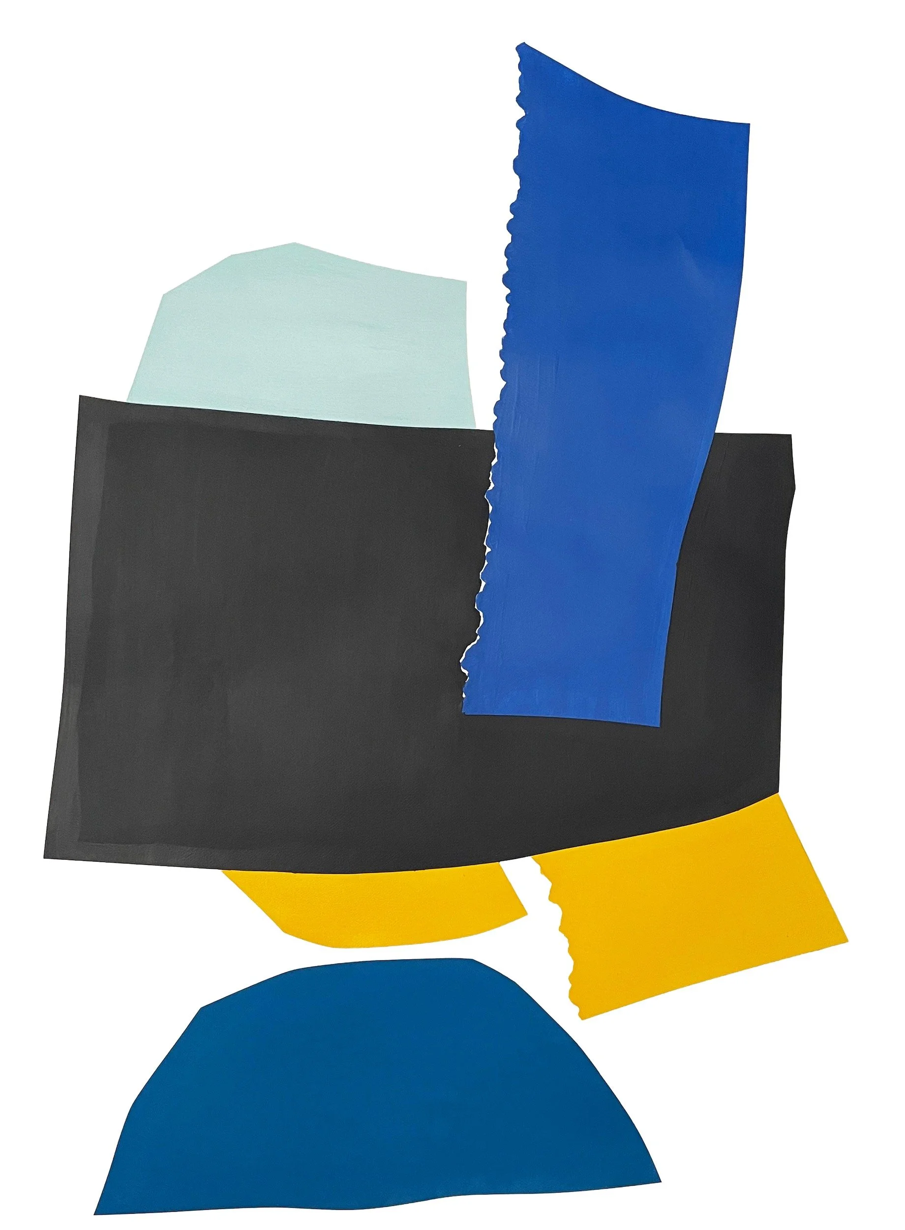 Abstract collage artwork with torn paper pieces in black, blue, yellow, light green, and dark blue colors arranged in a layered composition.