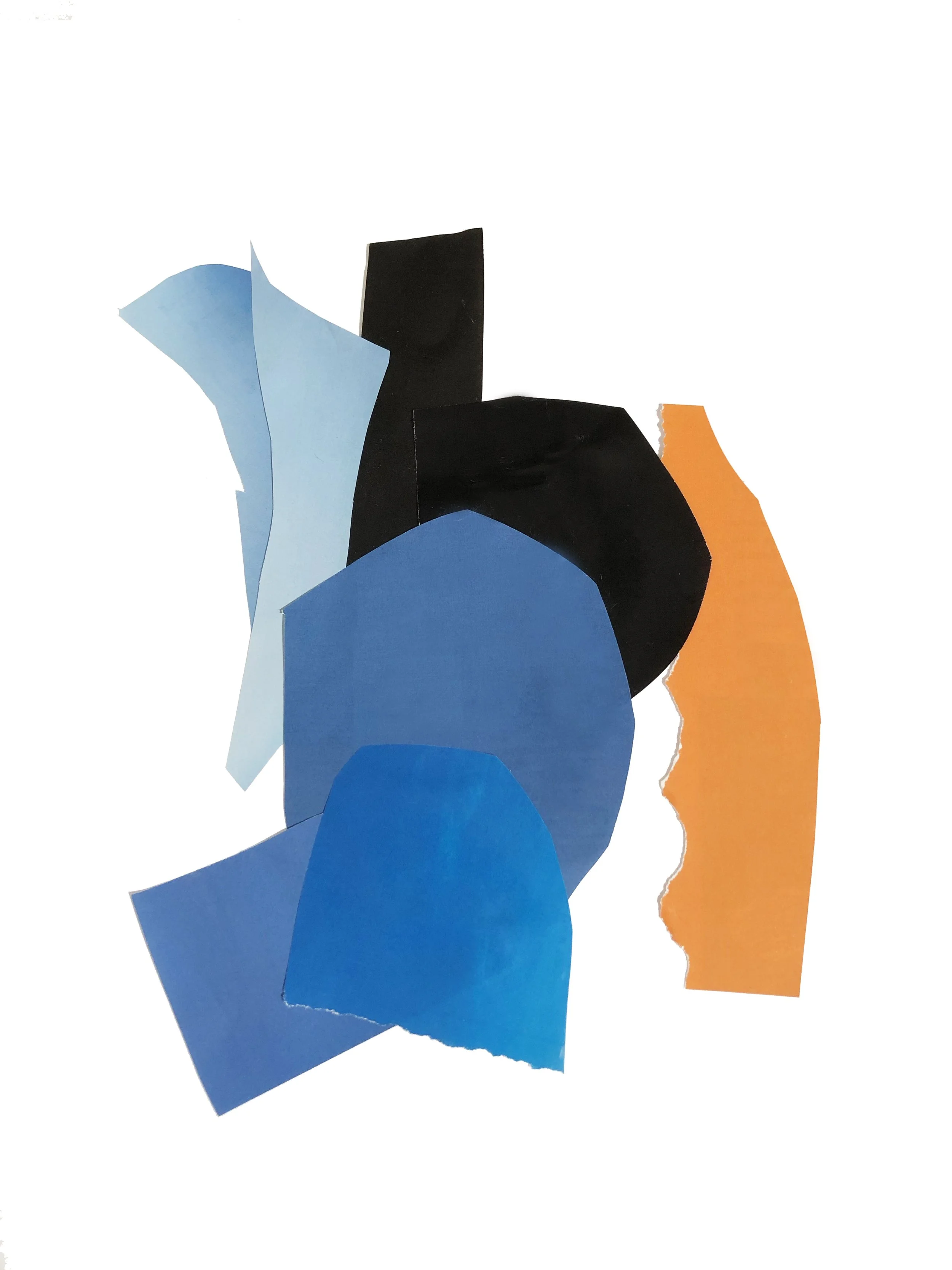 Abstract artwork with colored shapes in blues, black and orange.