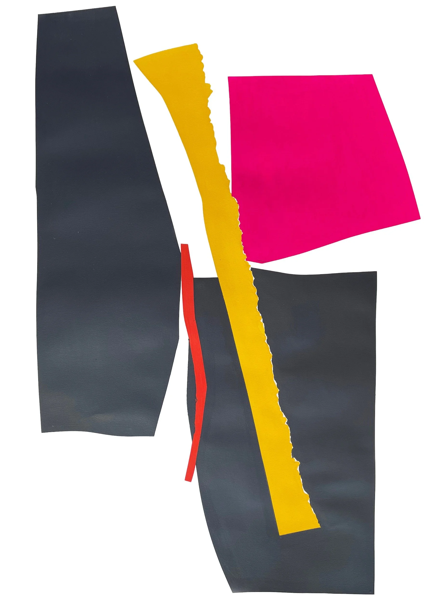 Abstract collage of torn black, yellow, pink, and red paper with uneven edges.