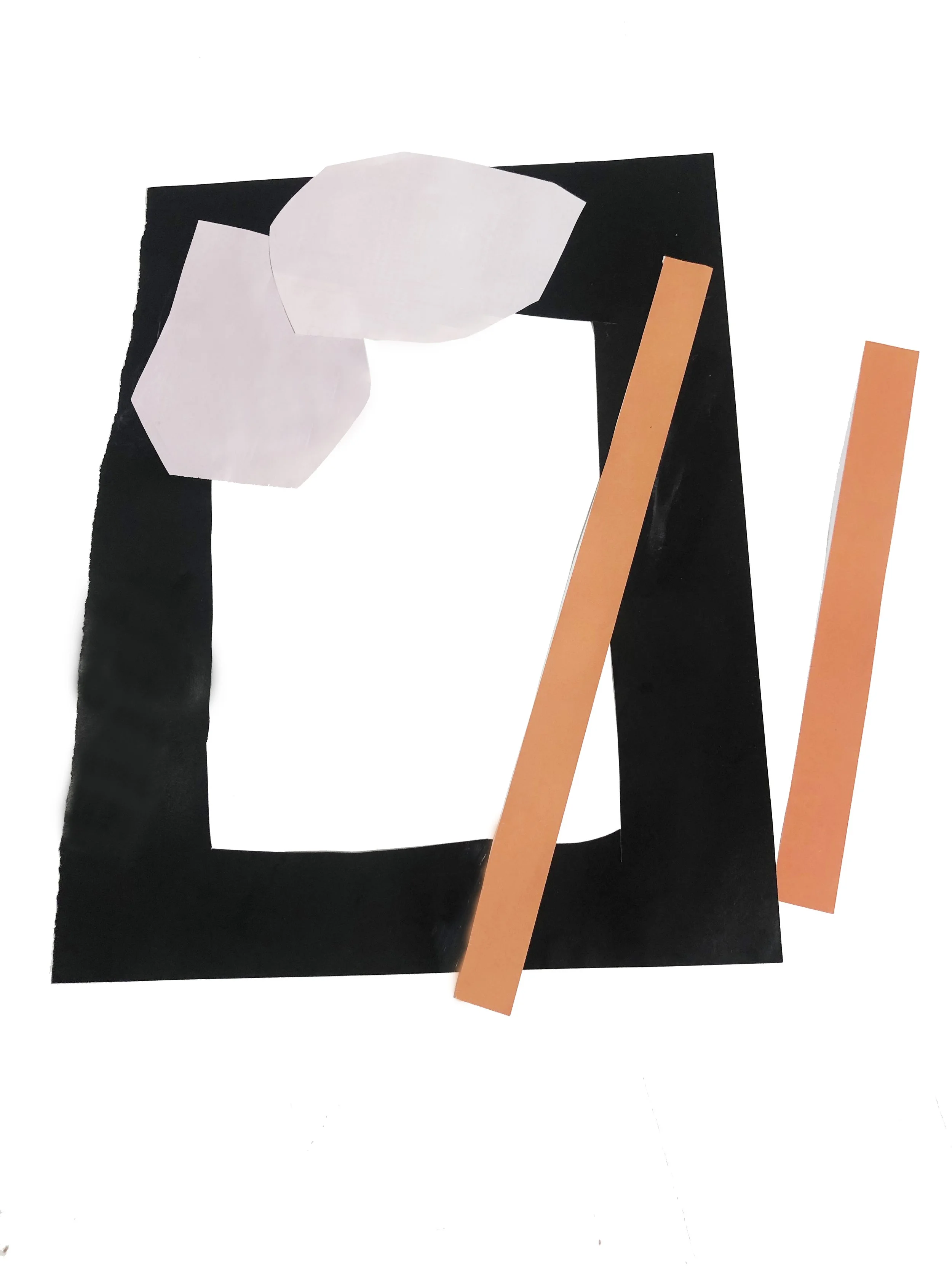 Abstract artwork with colored shapes in black, pink and orange.