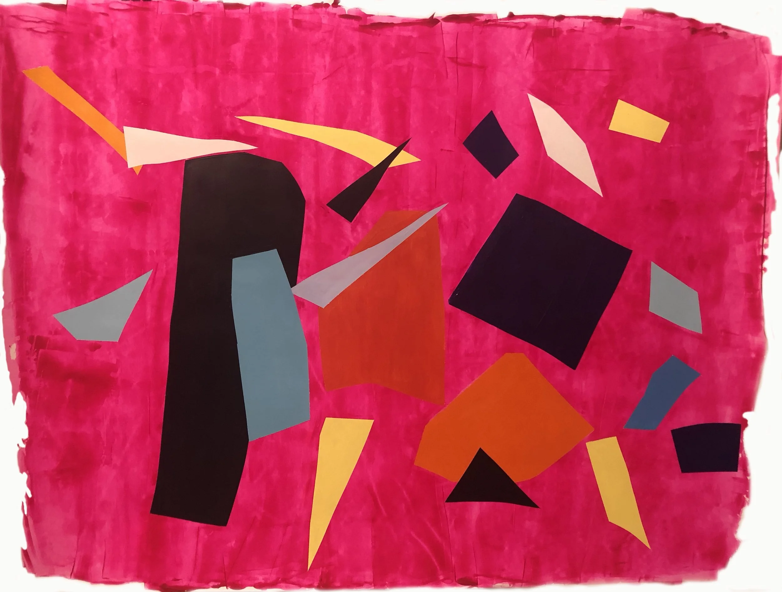 Abstract geometric collage on pink textured background with various colored shapes including black, yellow, orange, gray, pink, and blue.