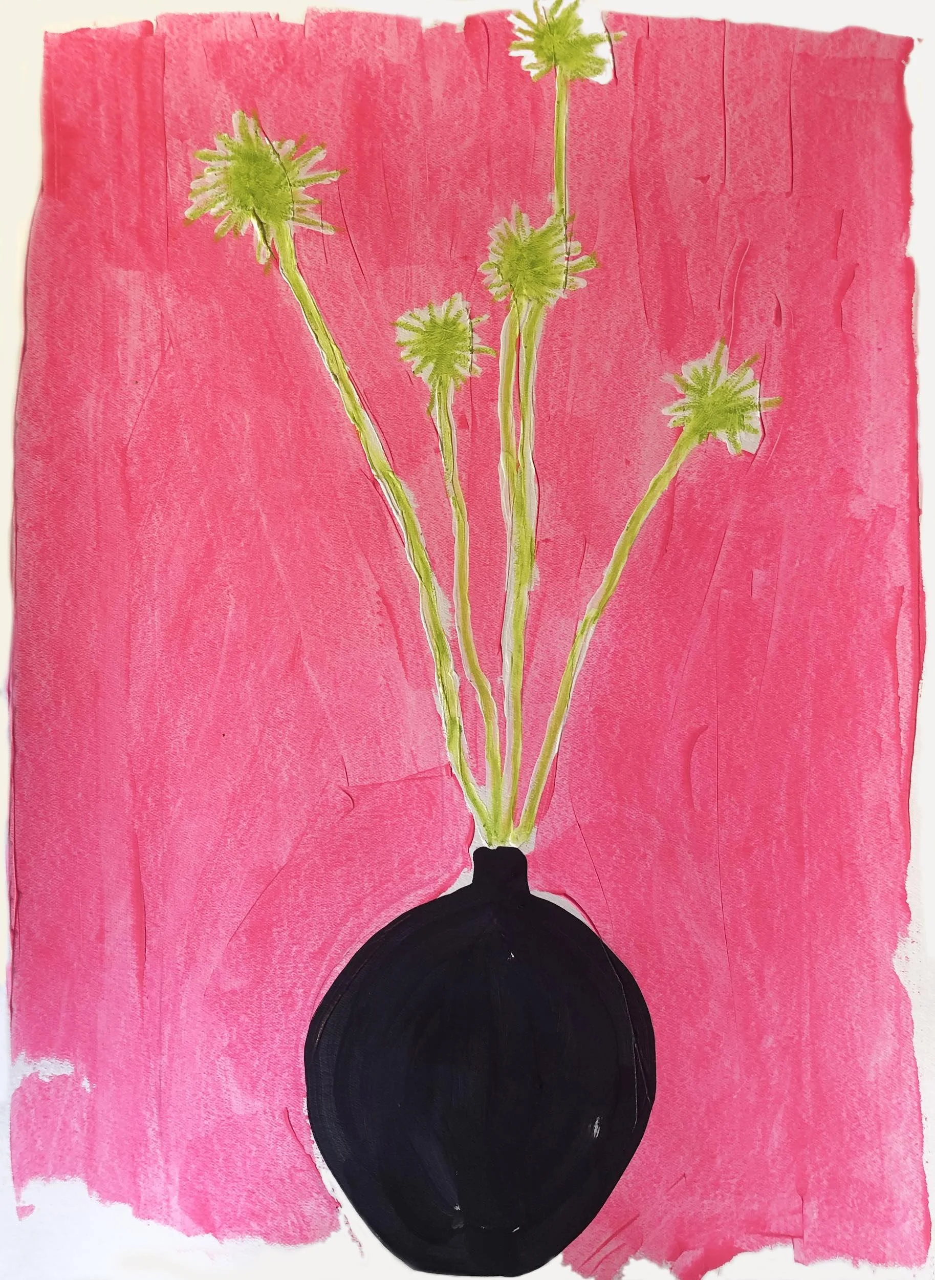 Painting of a black vase with green plants with yellow-green flowers against a pink background.
