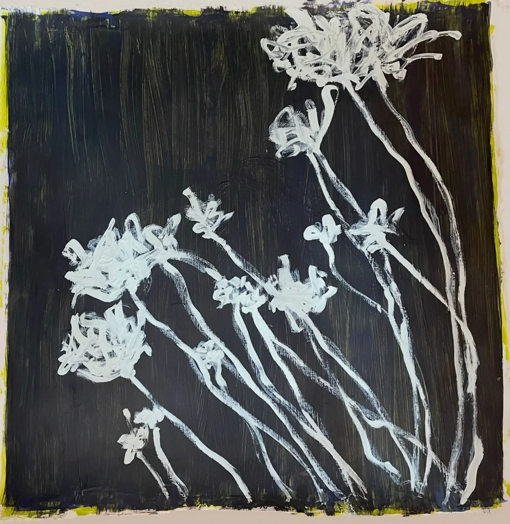 Abstract flower painting with white outlines on a dark background.