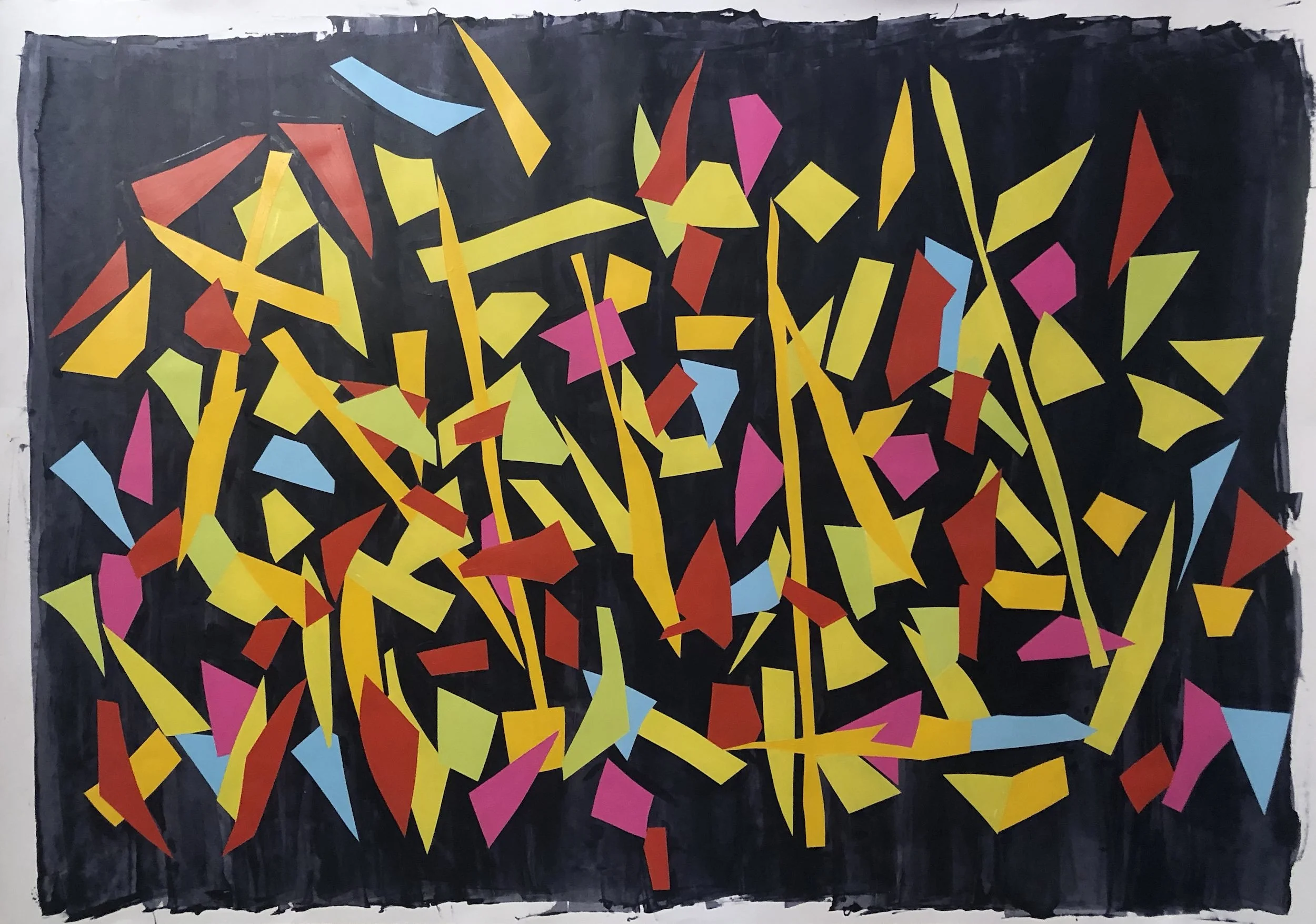 Abstract art piece with irregular yellow, red, pink, and blue shapes on a black background.