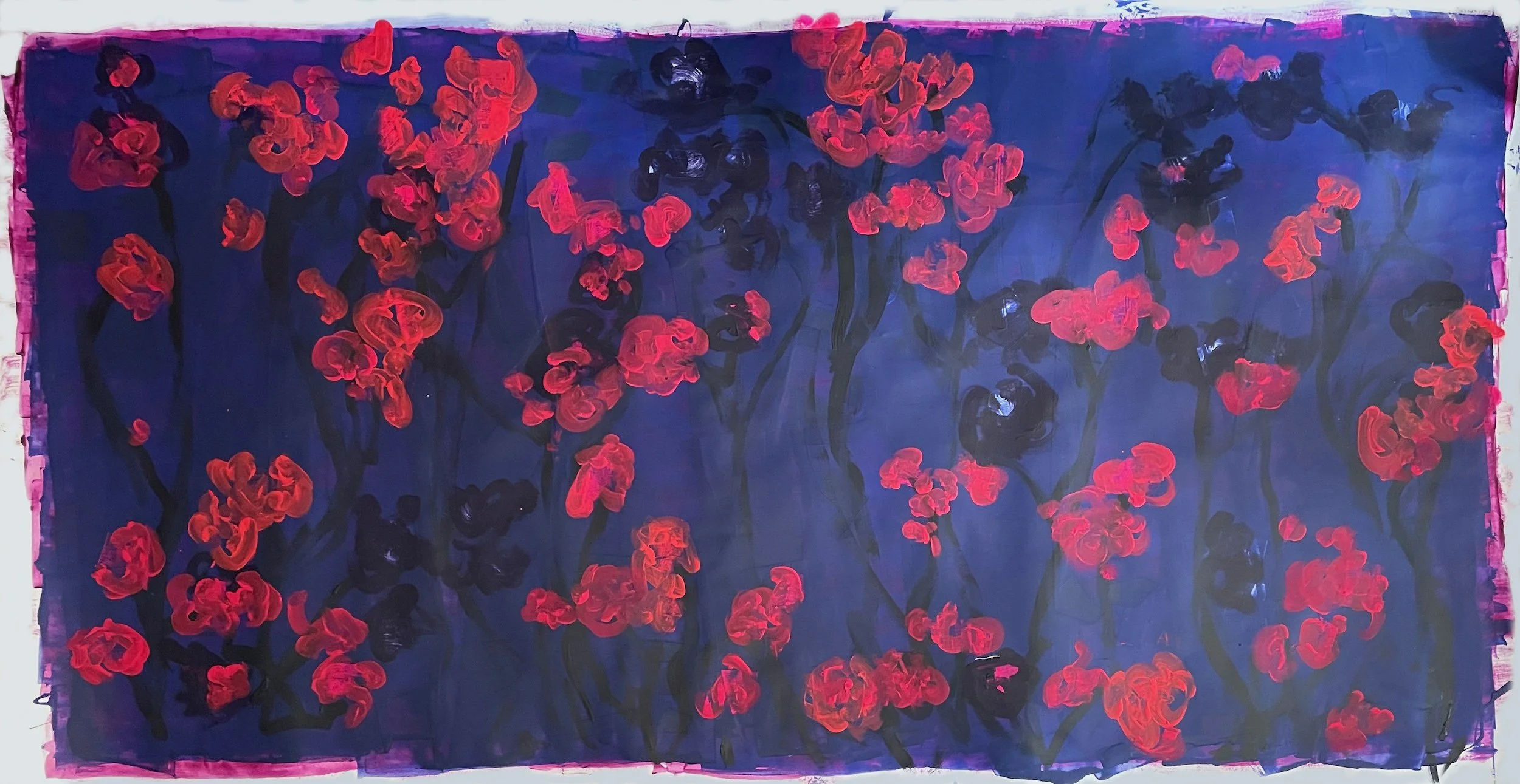 Abstract painting of pink and purple flowers with dark green stems on a deep blue background.