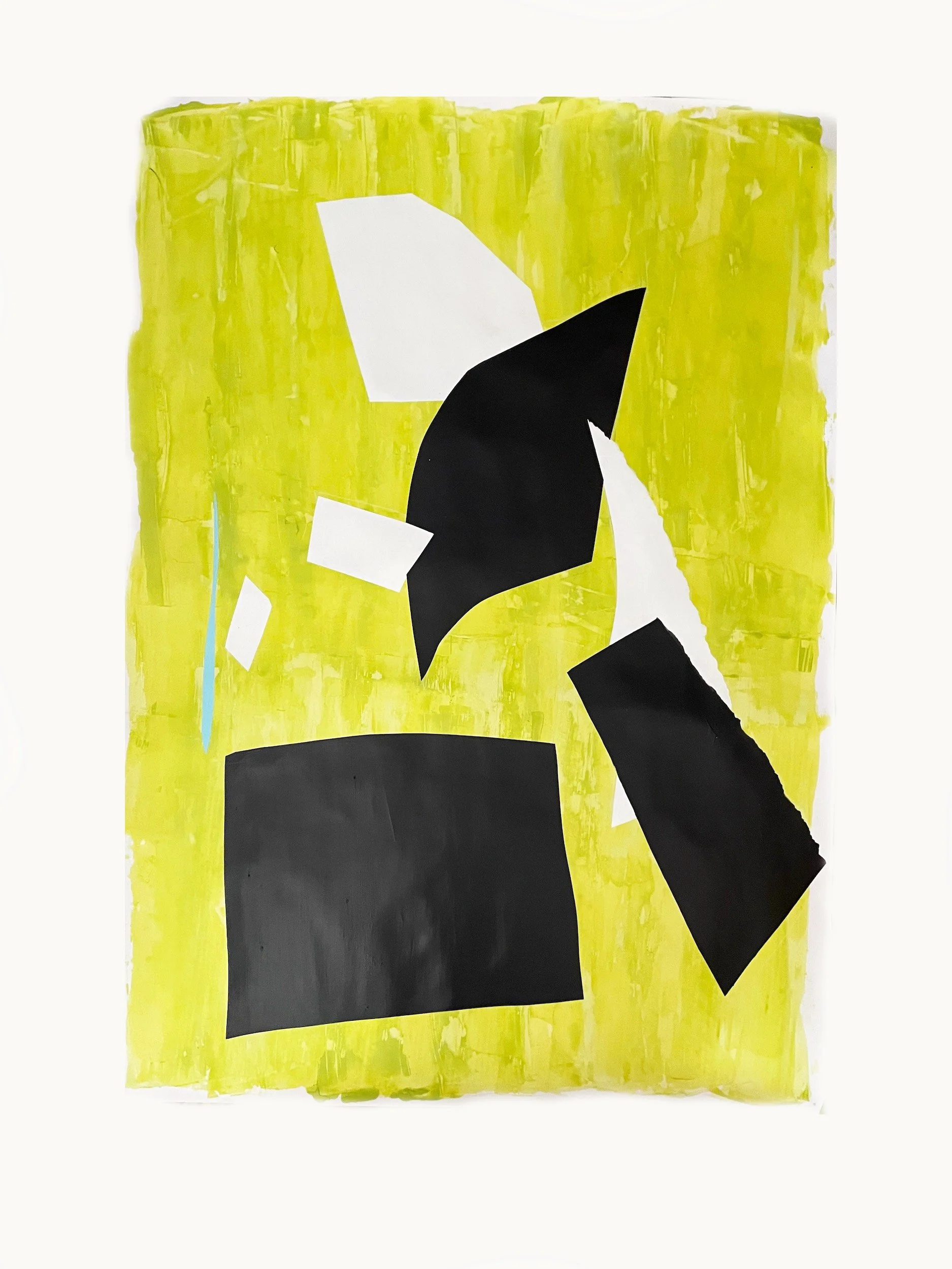 Abstract art piece with large black and white geometric shapes on a yellow background.