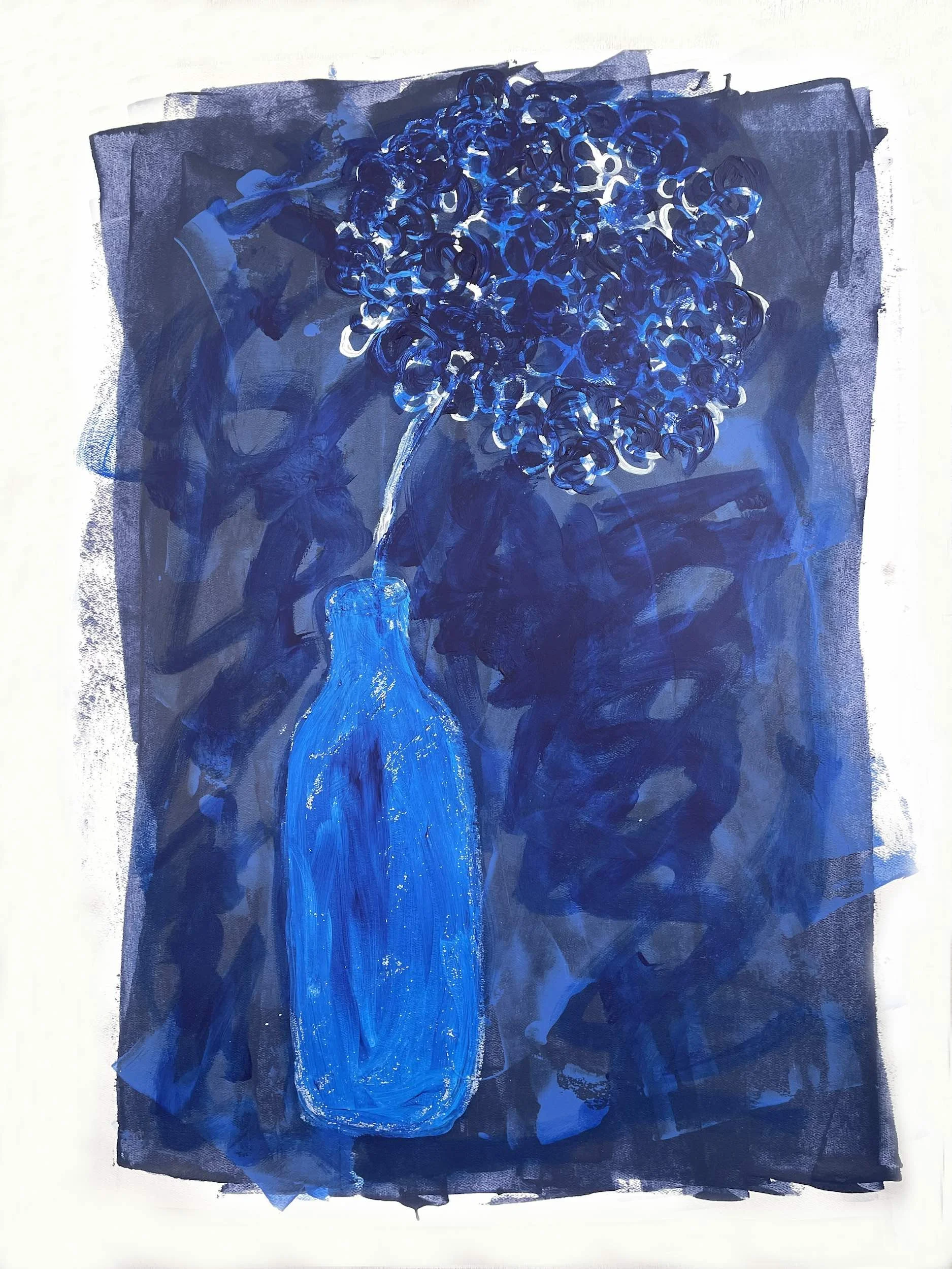 A blue-toned abstract painting of a bouquet of flowers in a bottle, with thick, expressive brushstrokes and layered textures.