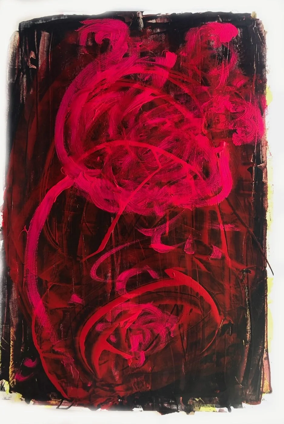 Abstract painting with red and black brushstrokes and swirling patterns.