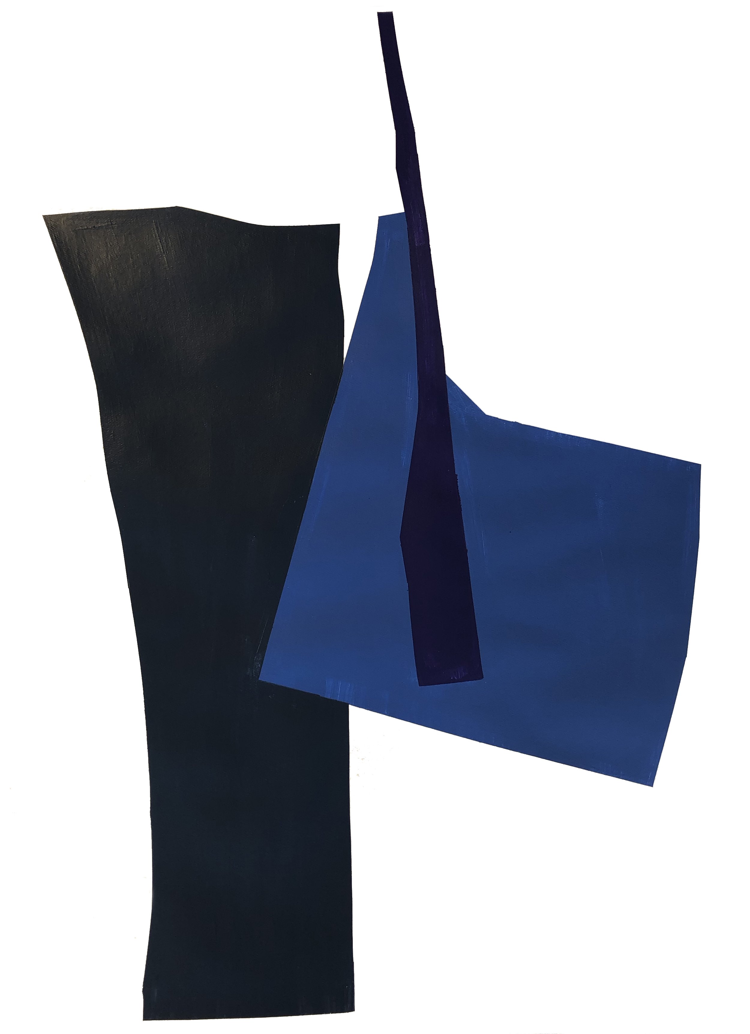 Abstract artwork with colored shapes in blue, and black.