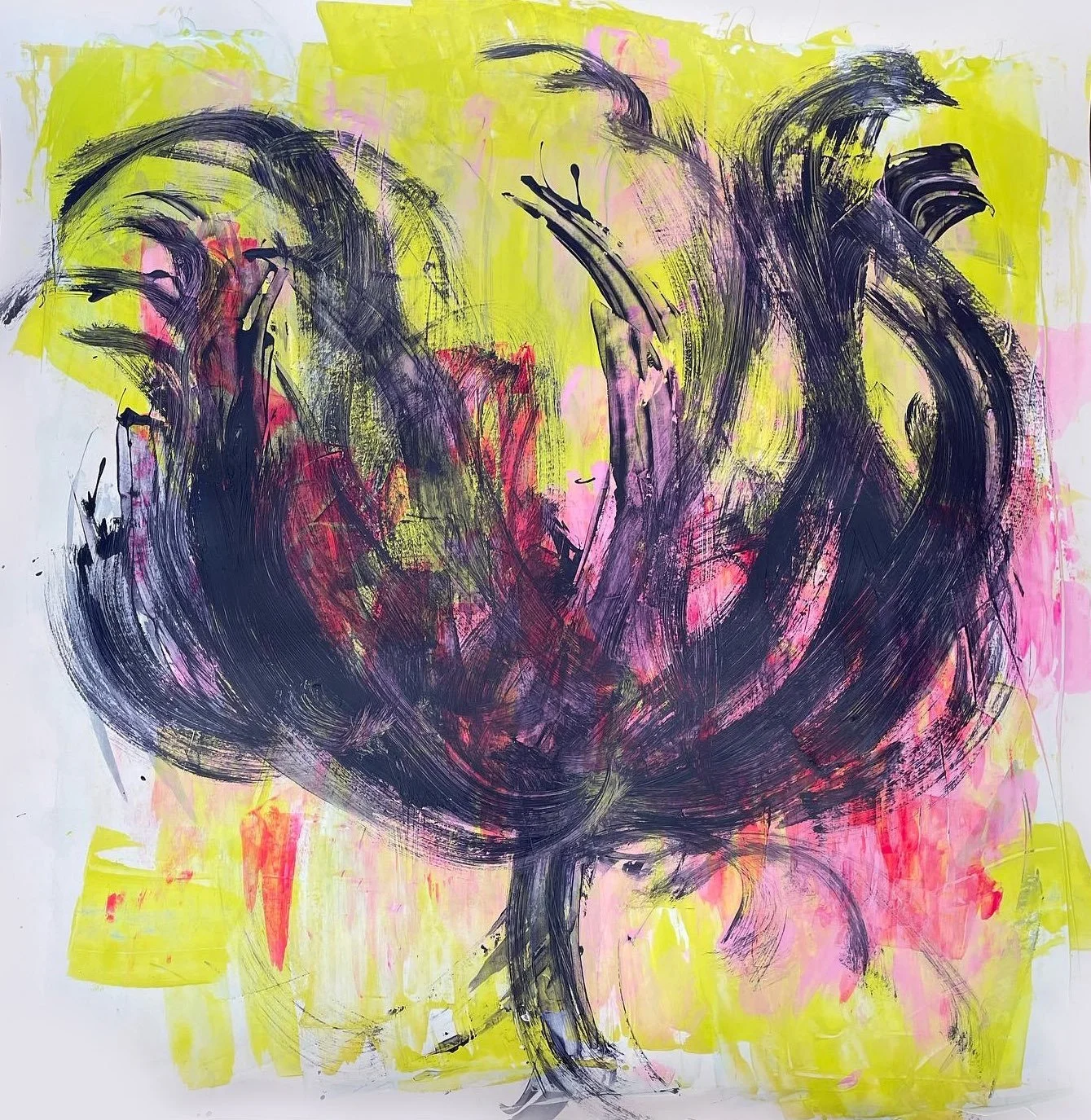 Abstract painting with black brushstrokes forming a floral shape on a background of yellow and pink paint splashes.