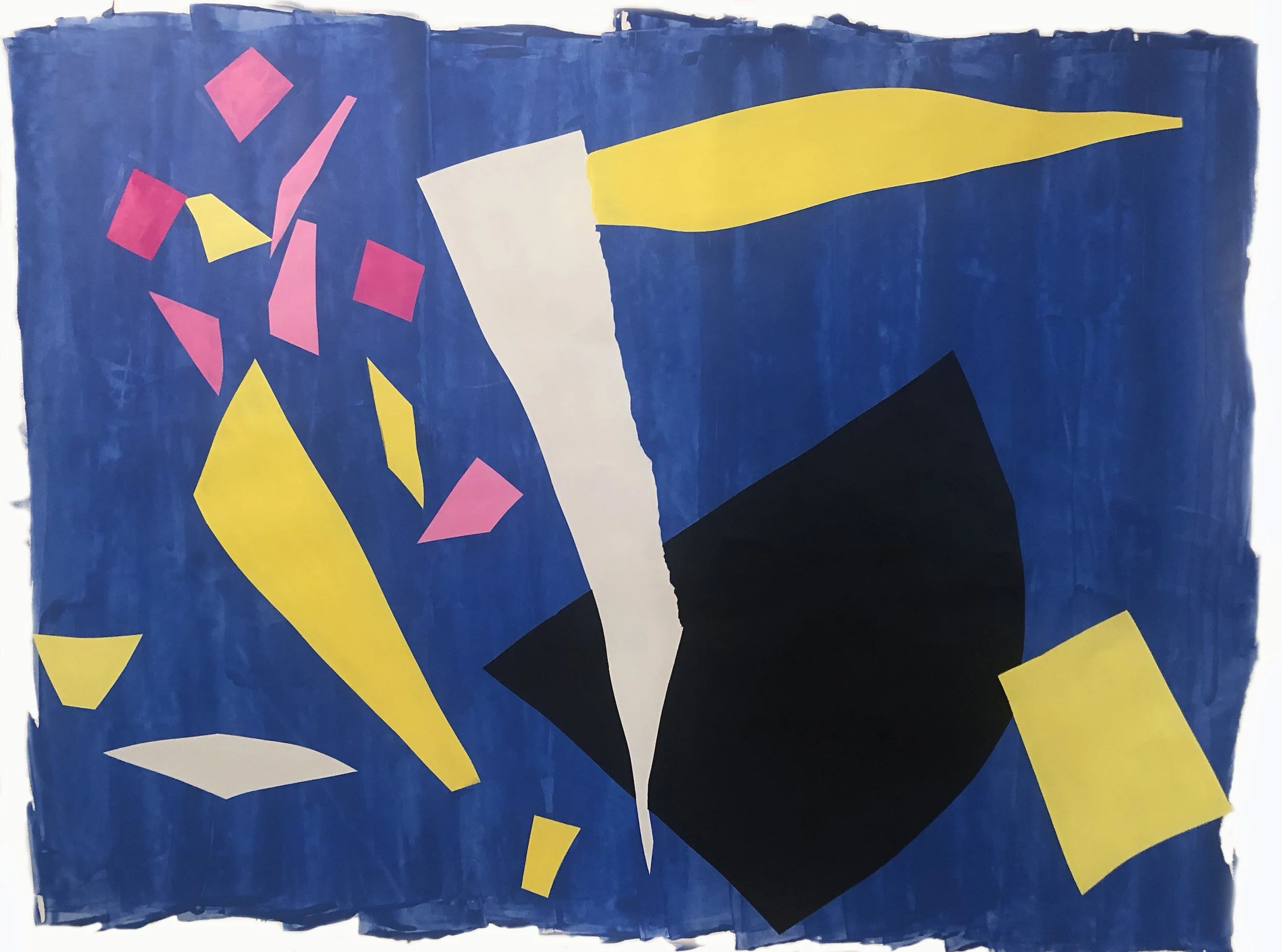 Abstract artwork with blue background, featuring geometric shapes in black, white, yellow, and pink.