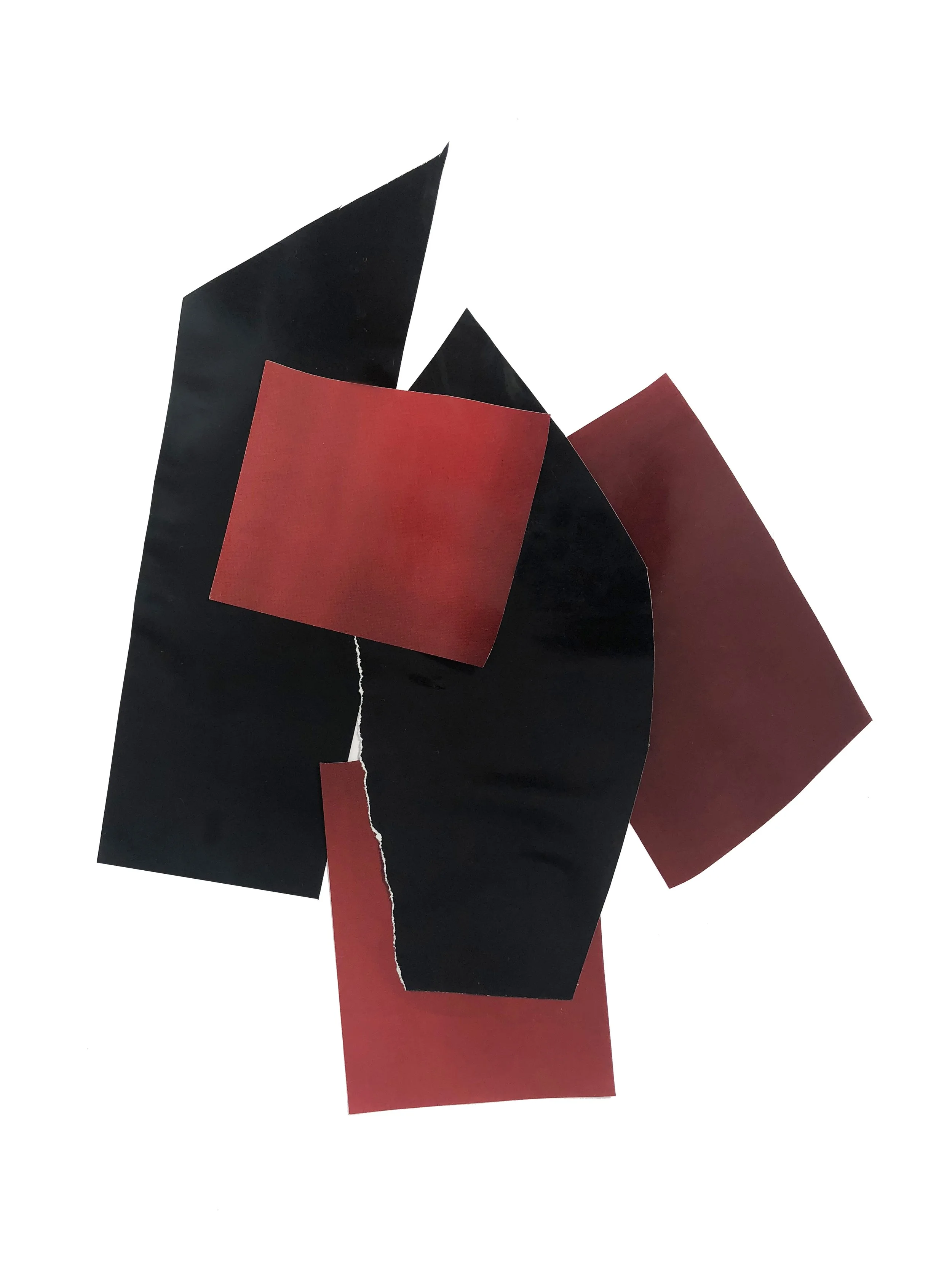 Abstract artwork with colored shapes in red and black.