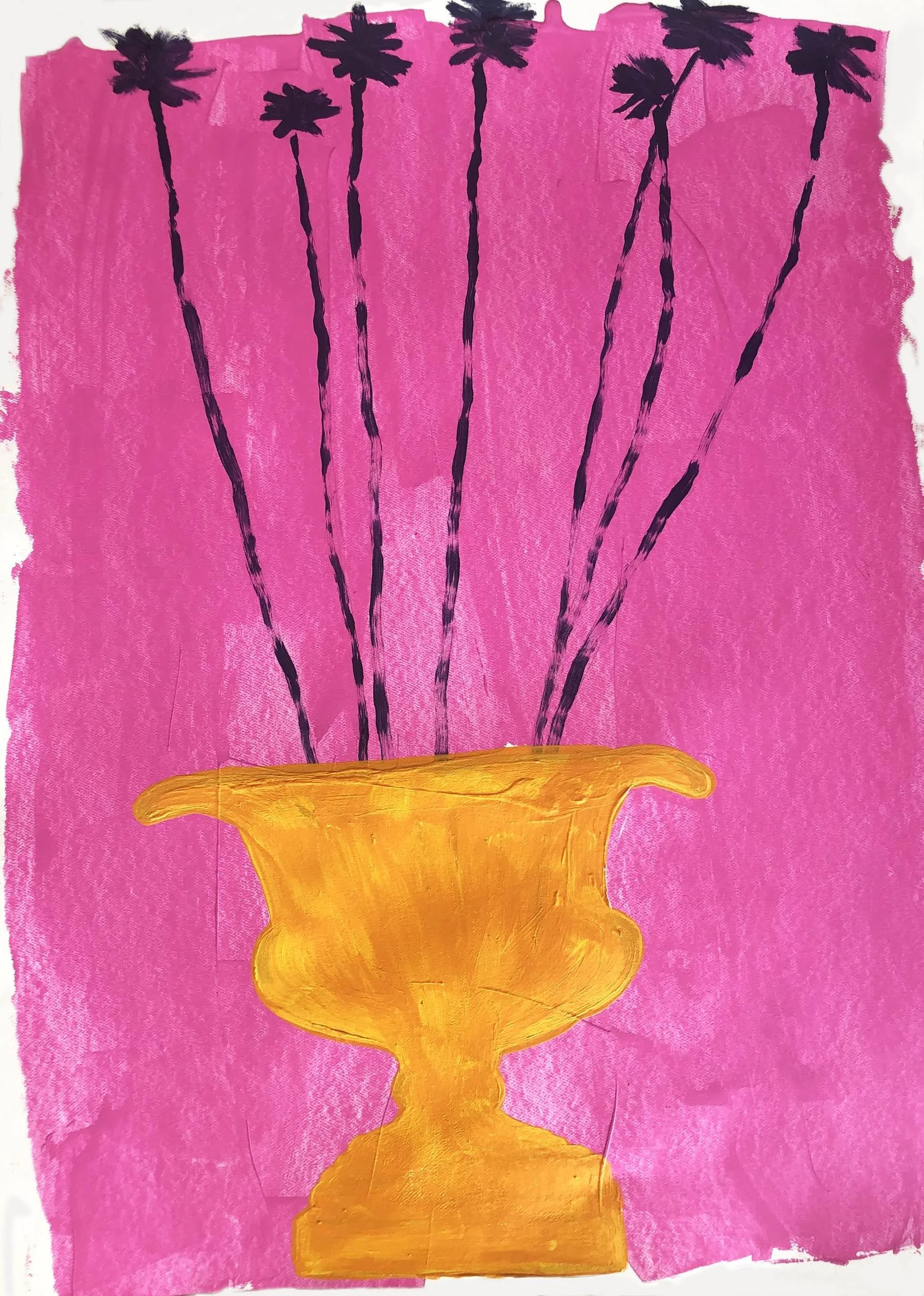 Painting of a yellow vase with pink flowers and purple stems against a pink background.