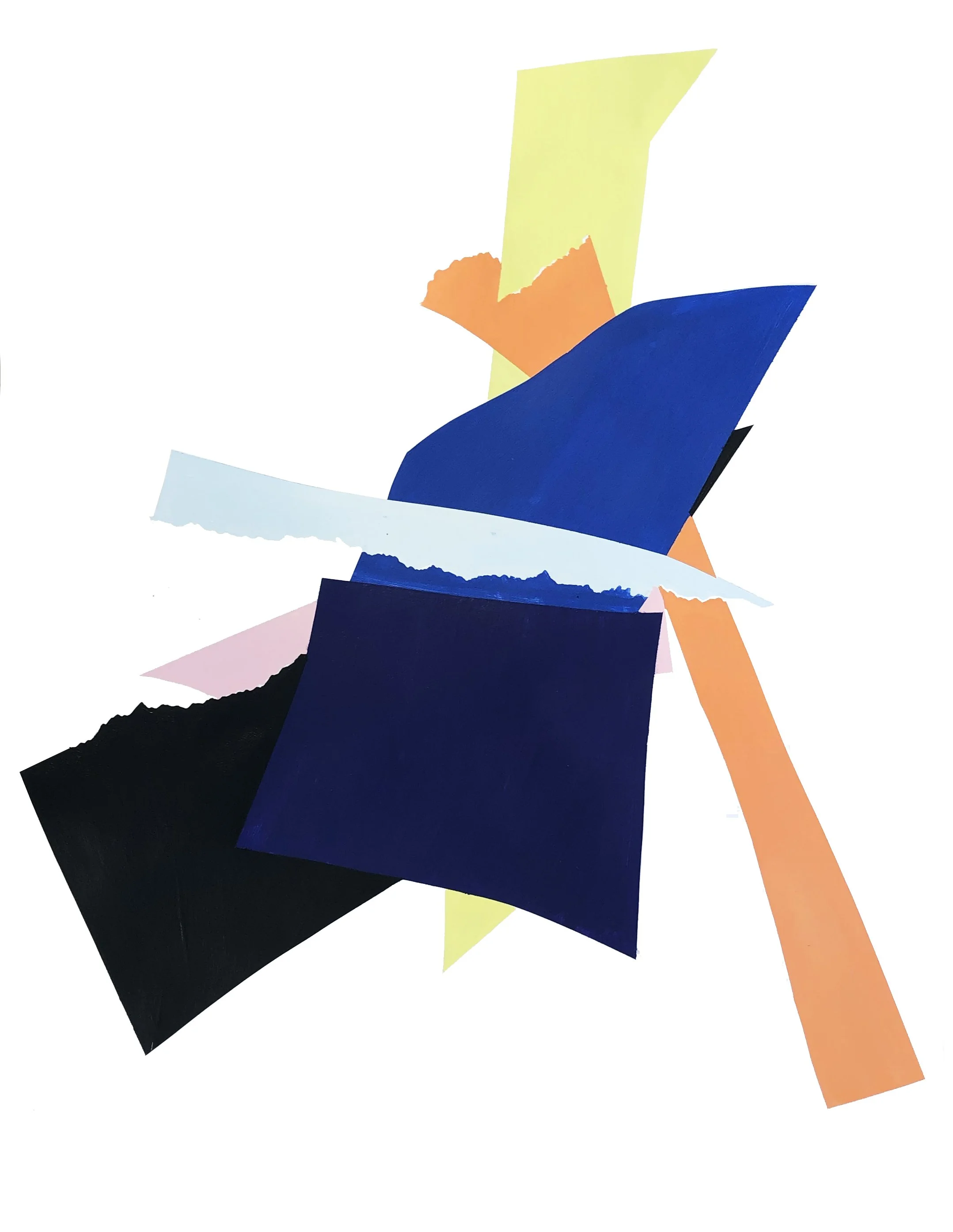 Abstract artwork with colored shapes in blue, orange and yellow.