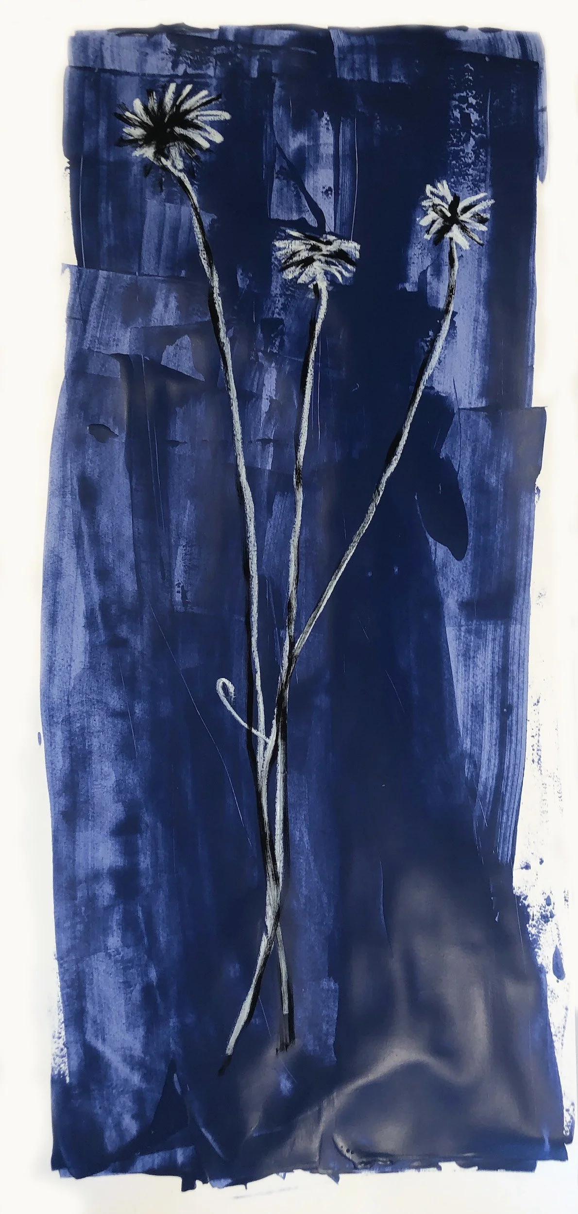 Abstract painting with a dark blue background featuring three white and black dandelion flower silhouettes.