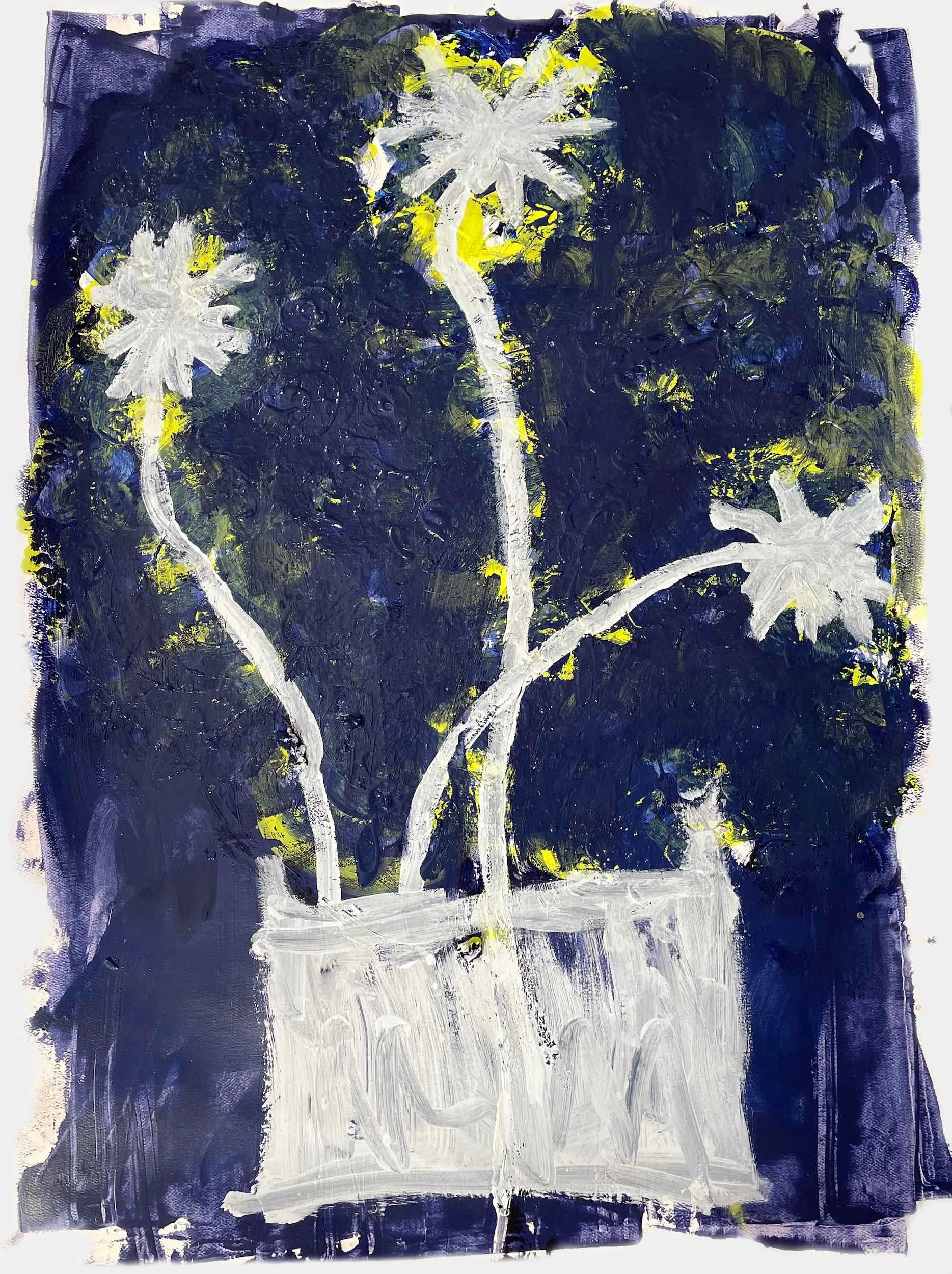 Abstract painting of a potted plant with three tall, white, spiky flowers against a dark blue background.