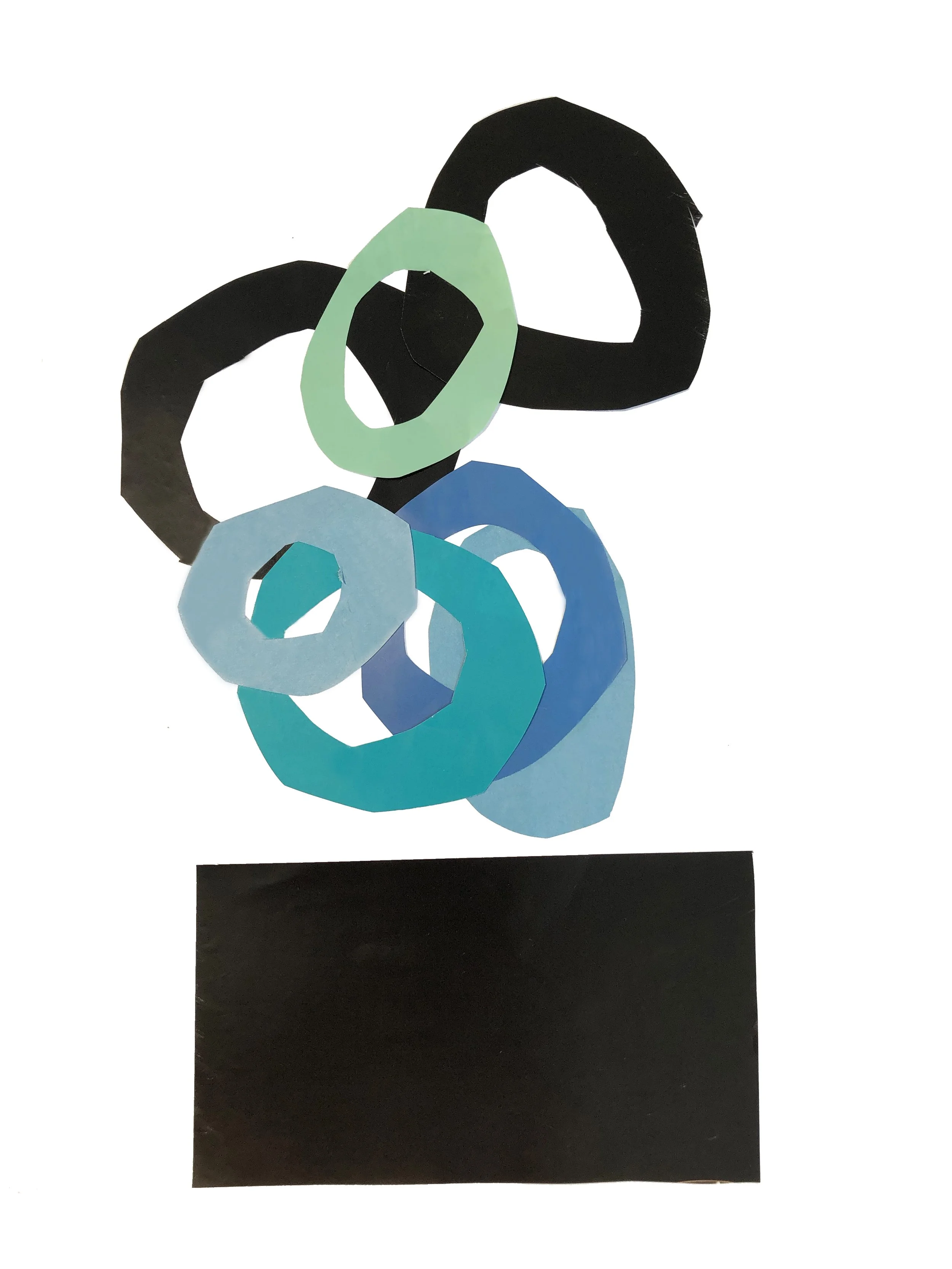 Abstract artwork with colored shapes in blue, green and black.
