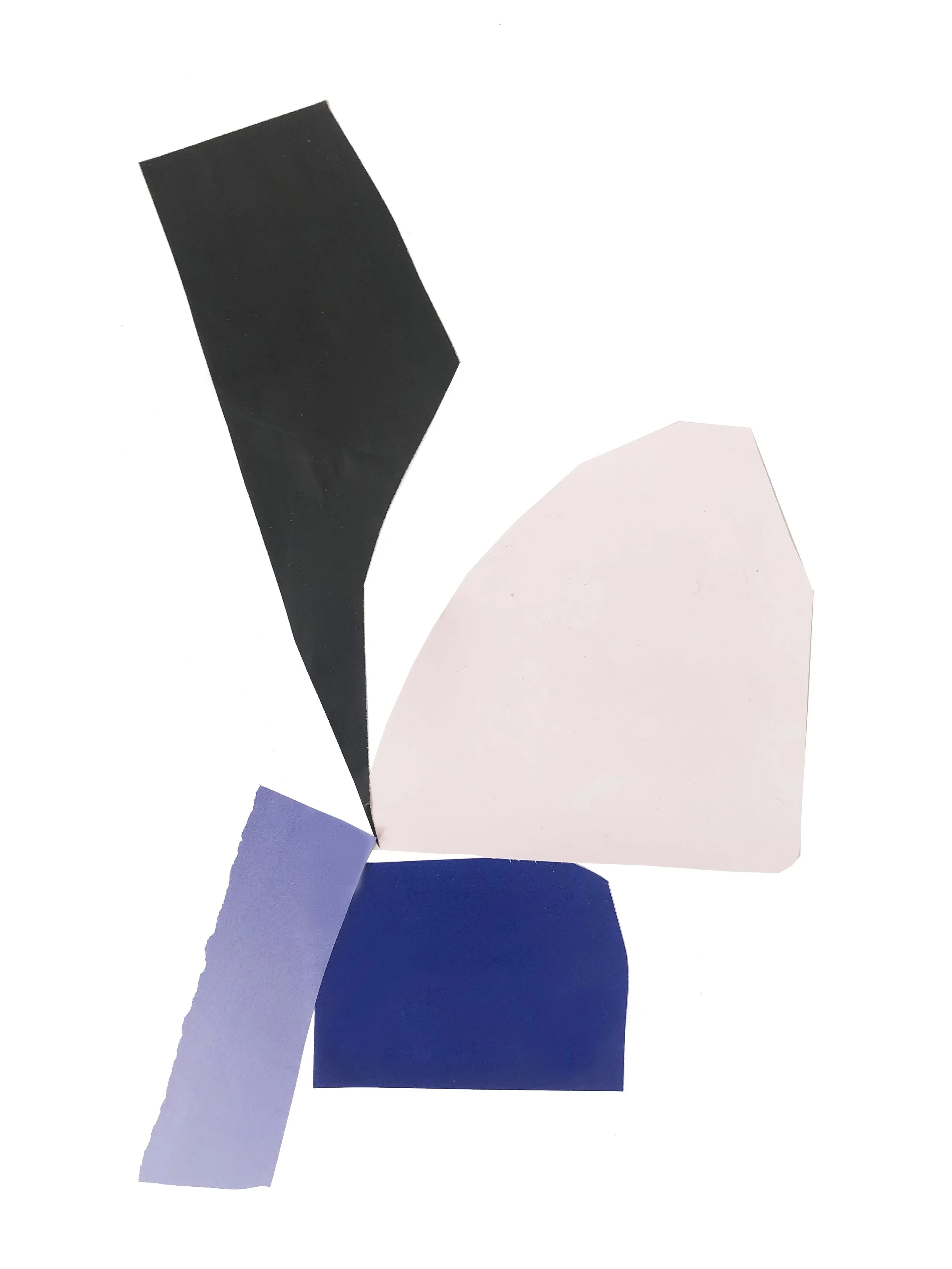 Abstract artwork with colored shapes in blue, black and pink.