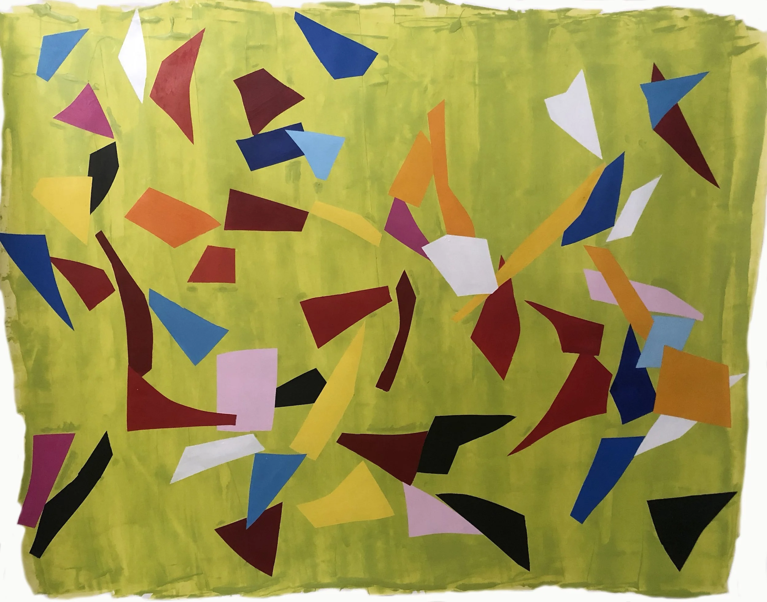 Abstract art piece with colorful paper shapes on a yellow-green painted background.