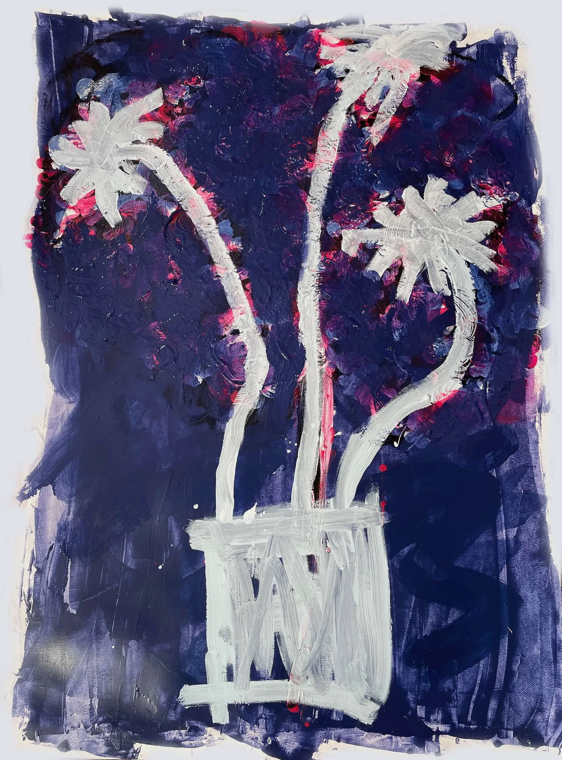 Abstract painting of a potted plant with three tall stems and four large flowers, using white, dark blue, pink, and purple colors, with visible brush strokes on a textured background.
