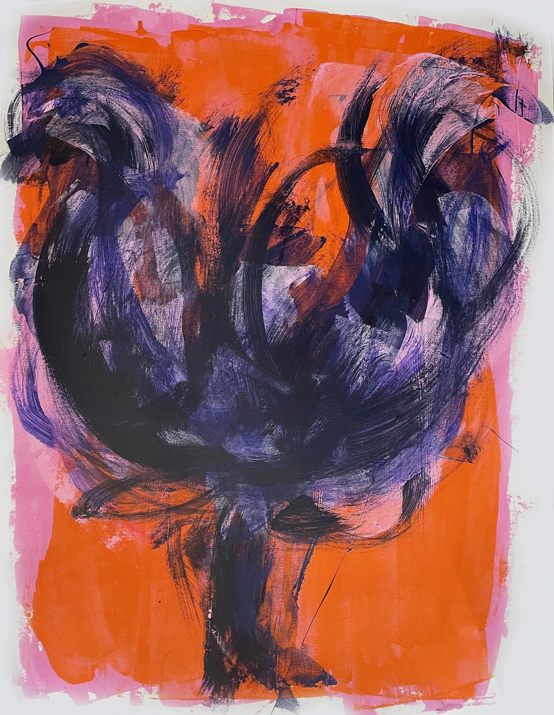 Abstract painting featuring bold, swirling black and purple brushstrokes on an orange and pink background.