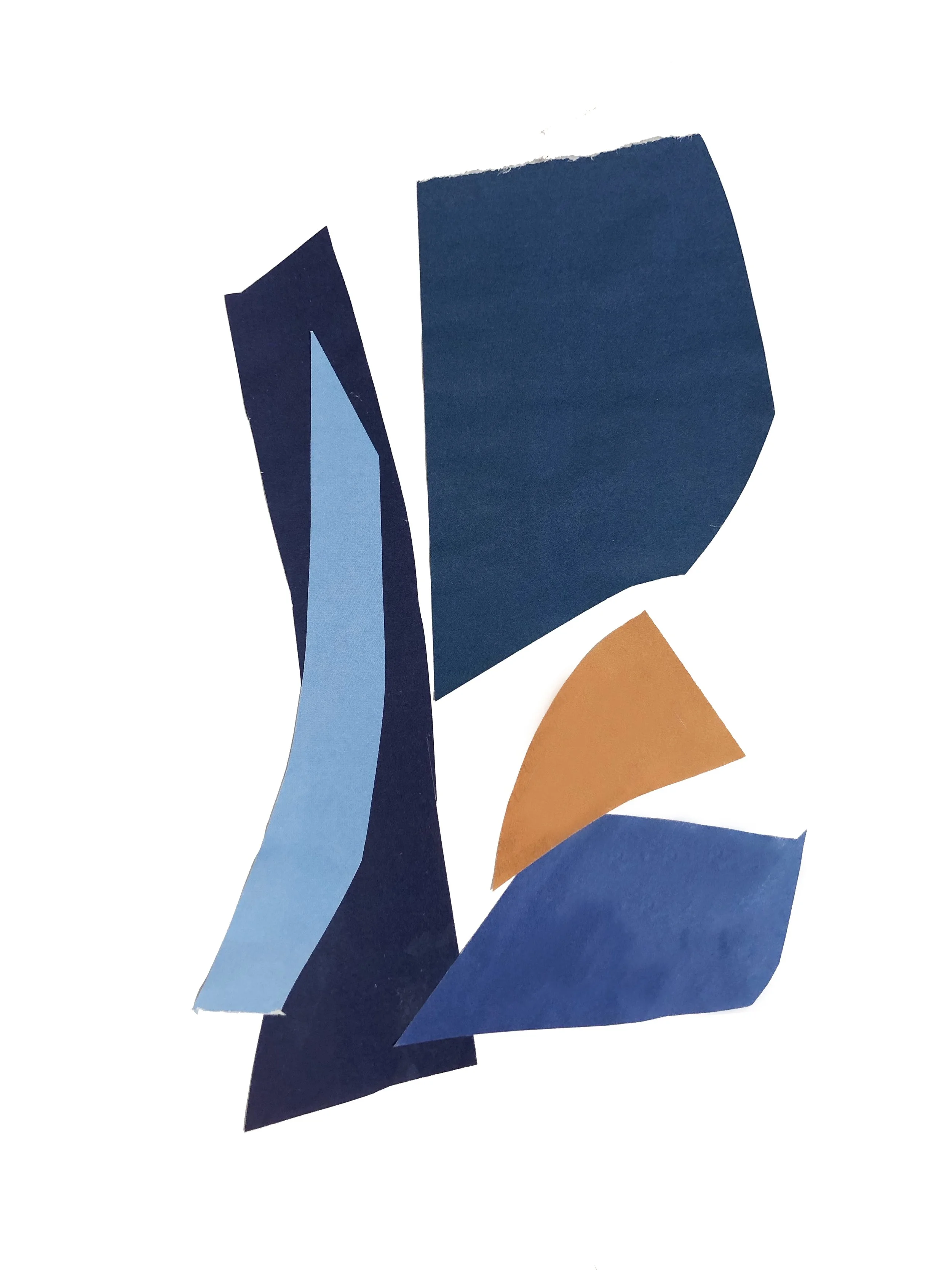 Abstract artwork with colored shapes in blue, orange and black.