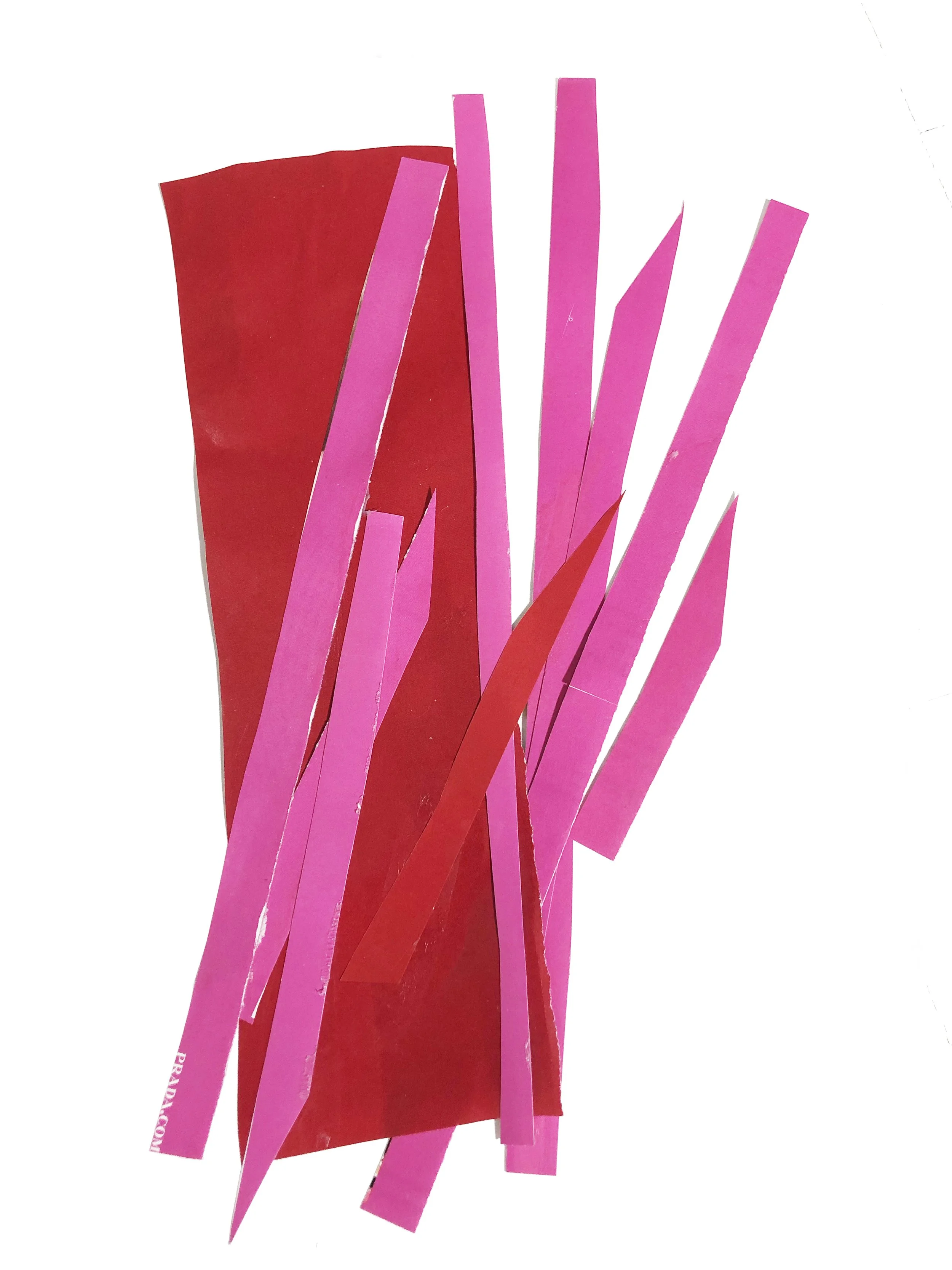 Abstract artwork with colored shapes in pink and red.