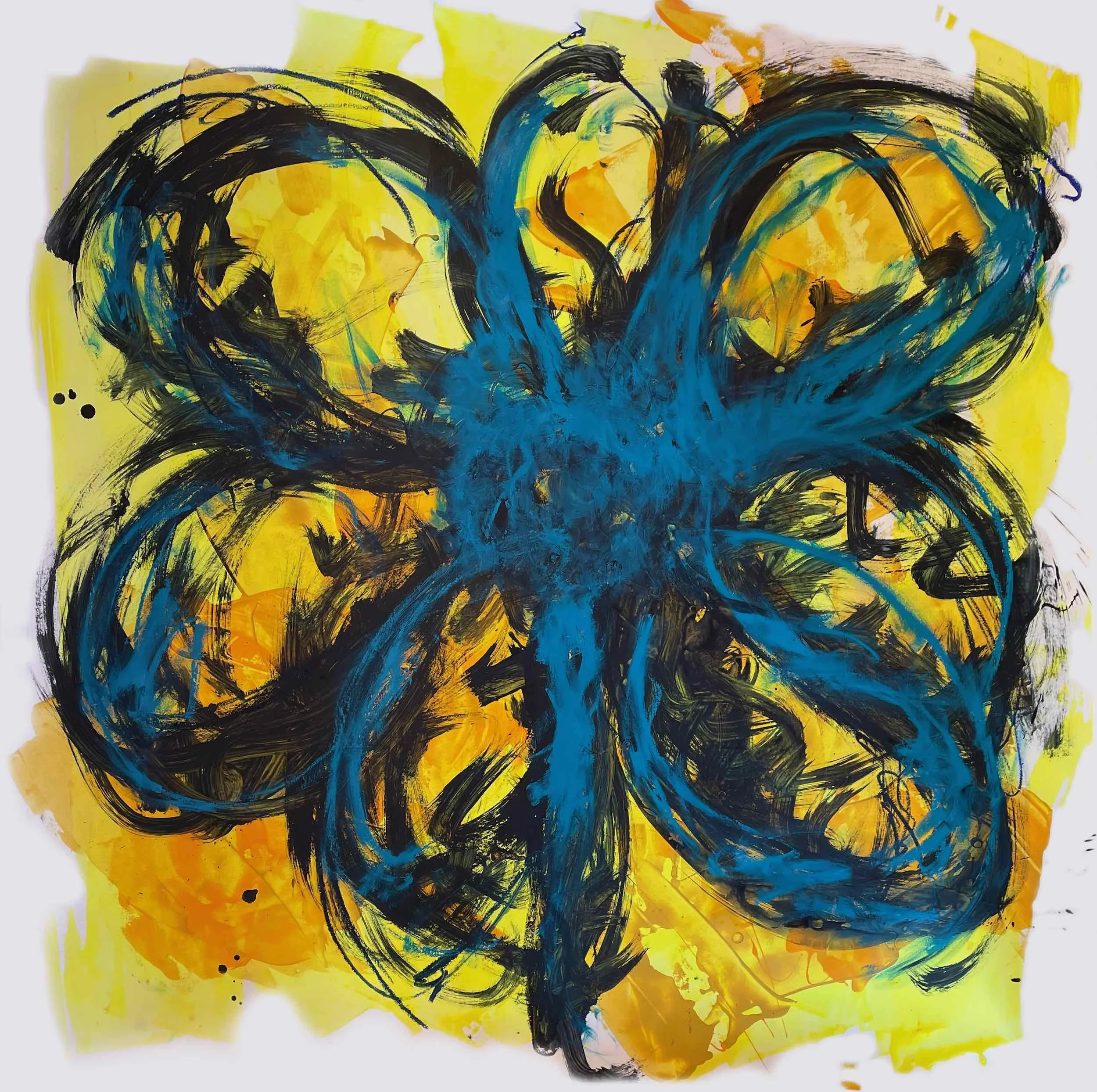Abstract painting with bold blue, black, and orange swirling strokes on a yellow background.