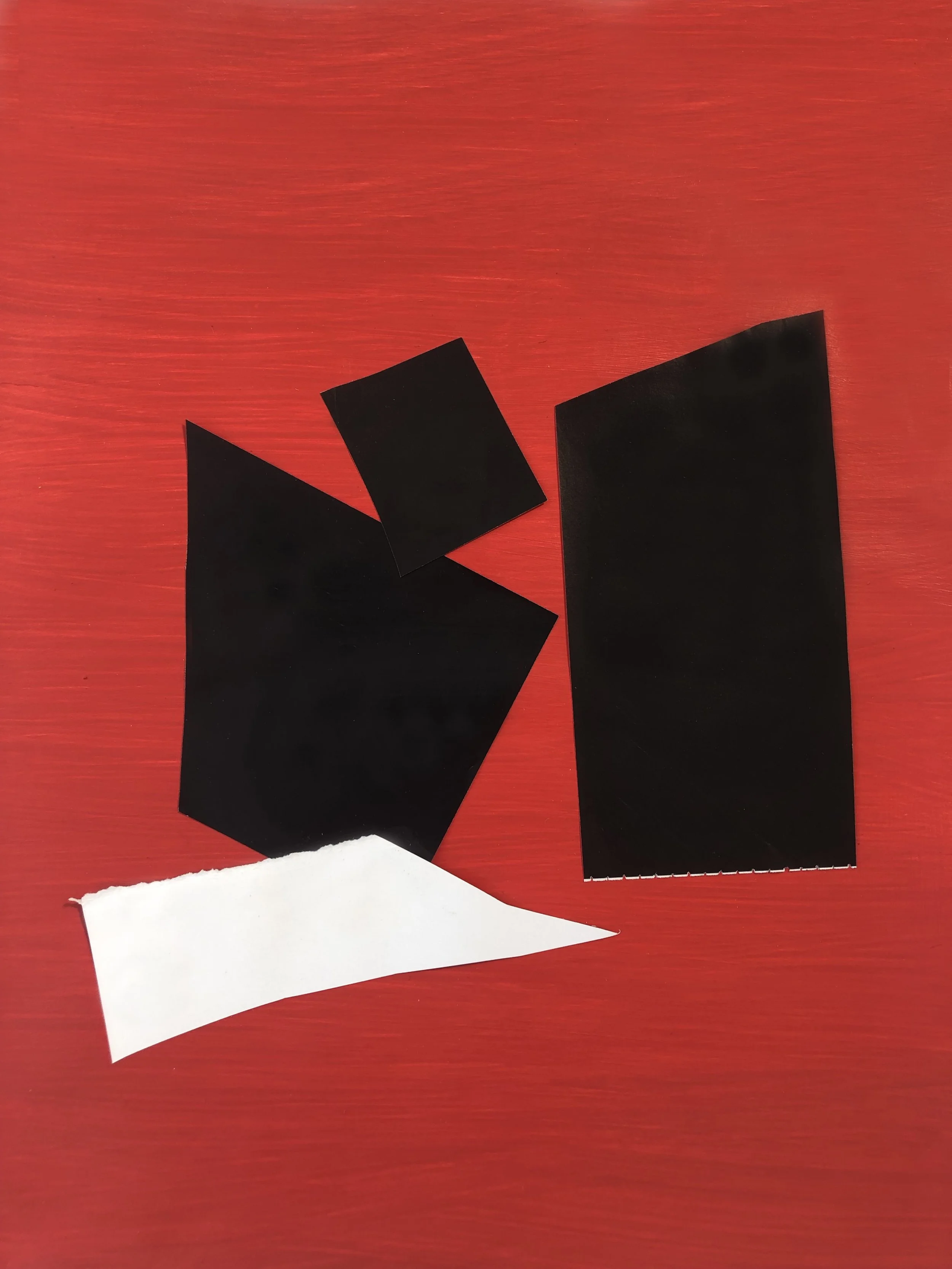 Abstract artwork with colored shapes in black and white on red background.