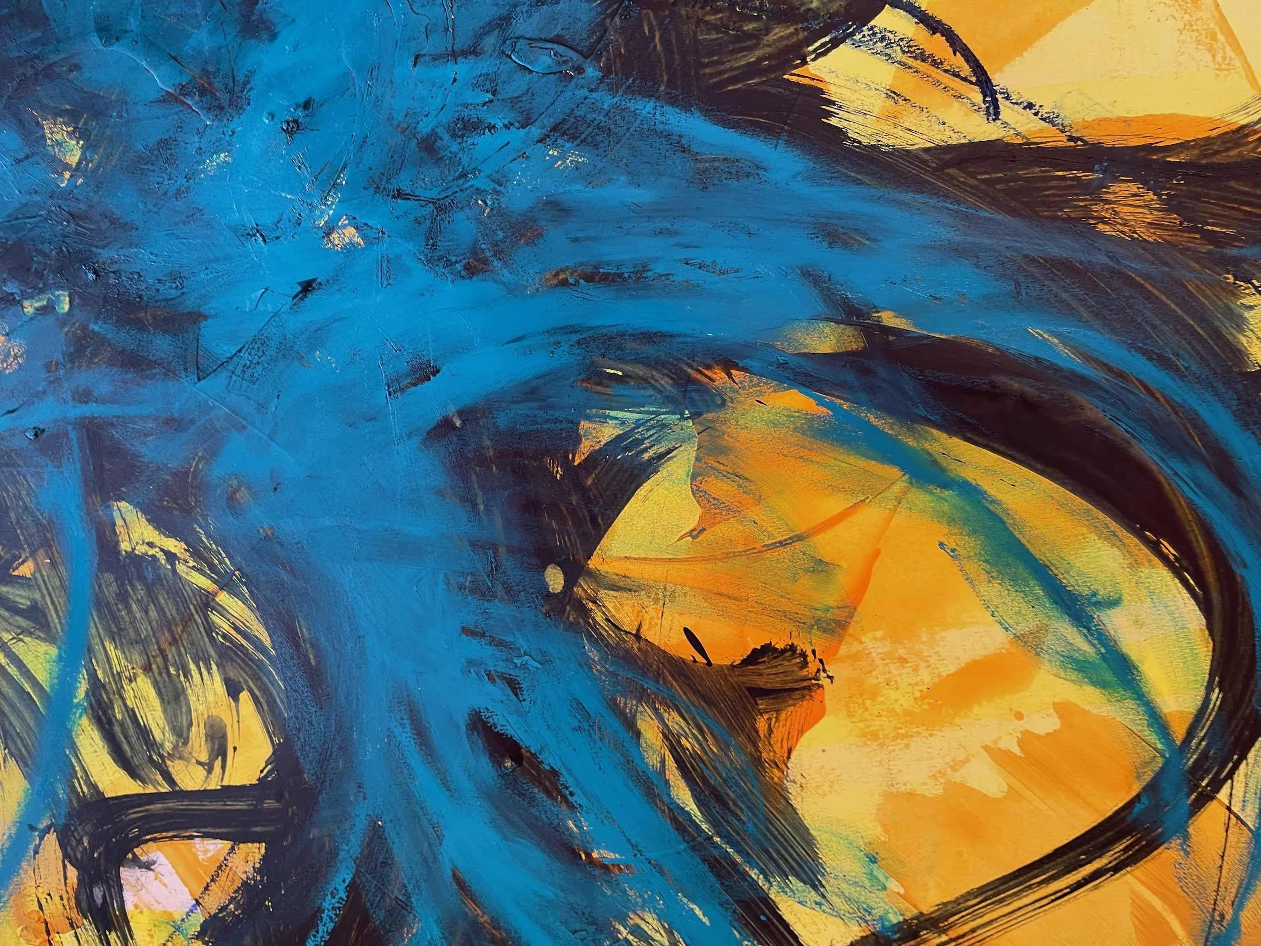 Abstract painting with bold black, yellow, orange, and blue brushstrokes.
