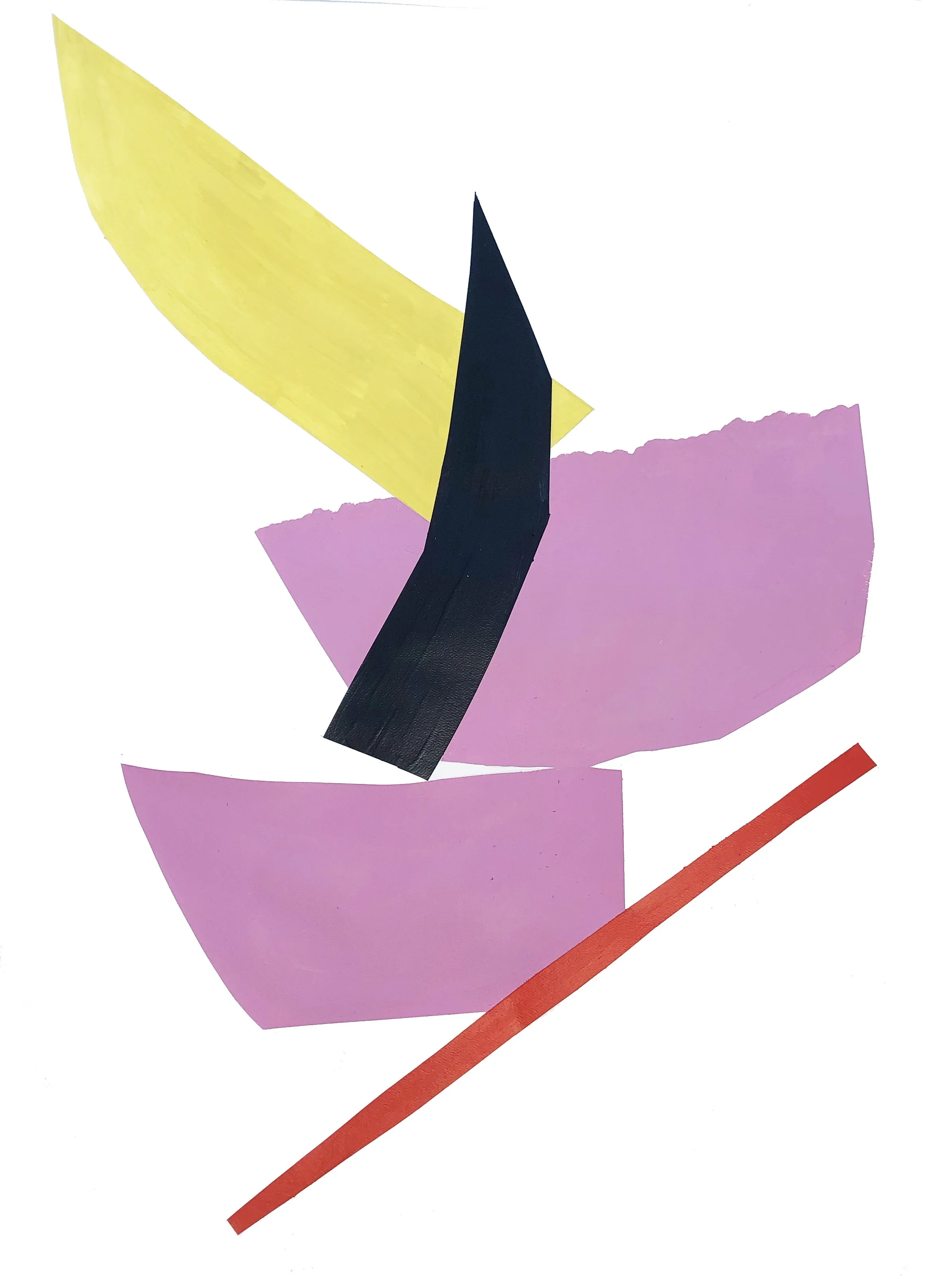 Abstract artwork with colored shapes in pink, blue, orange and yellow.