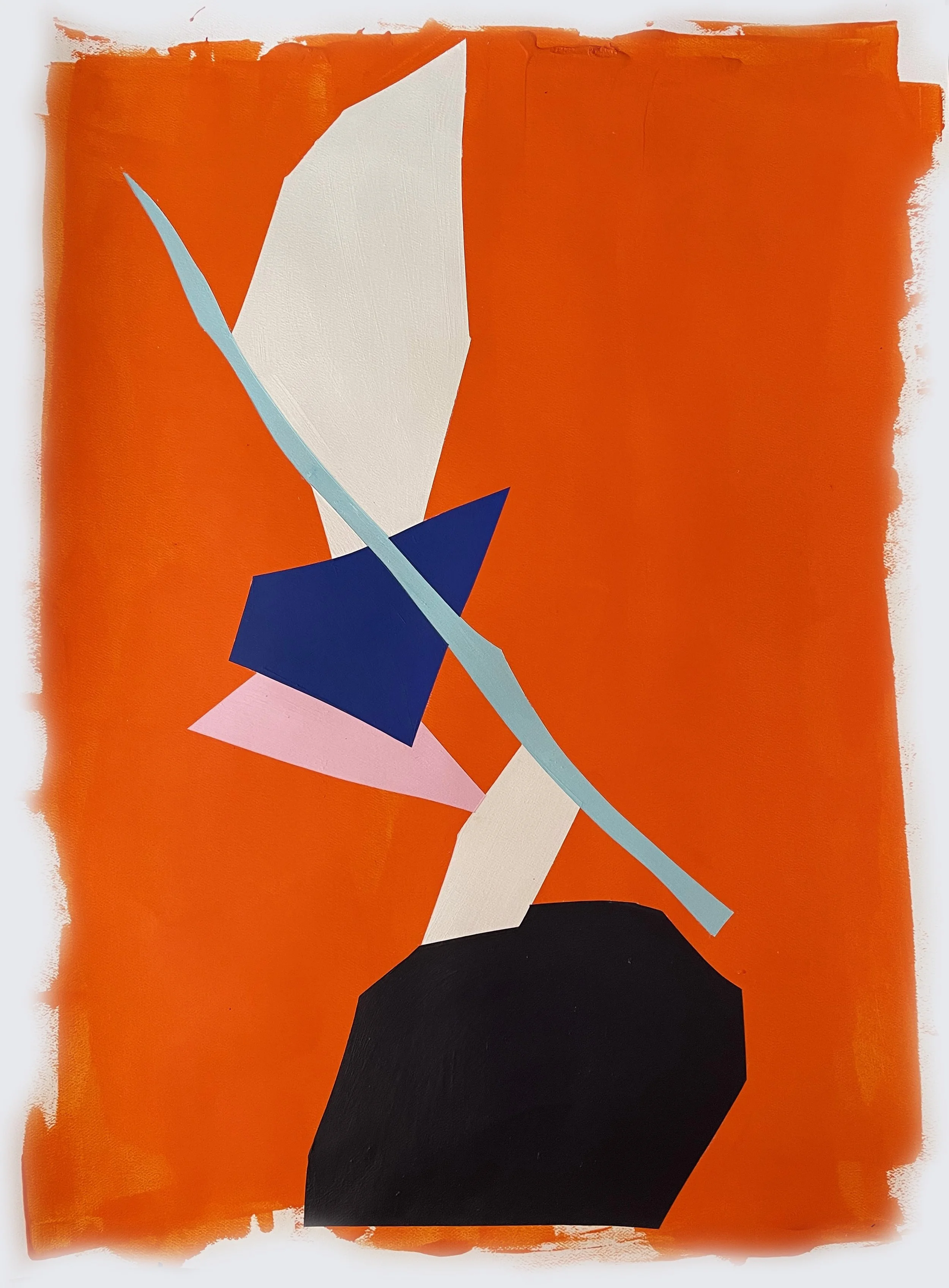Abstract geometric art with shapes in white, blue, pink, black, and light blue on an orange background.