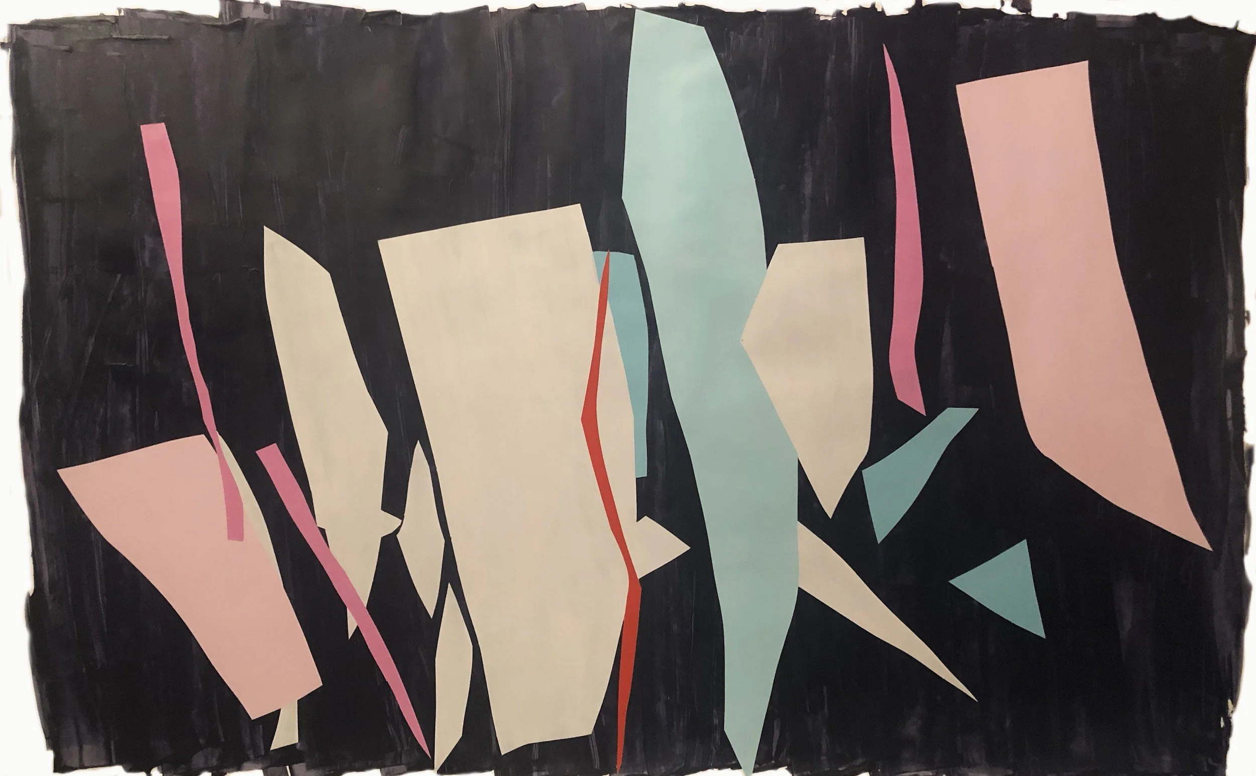 Abstract painting with jagged shapes in black, cream, pink, red, light blue, and light green colors.