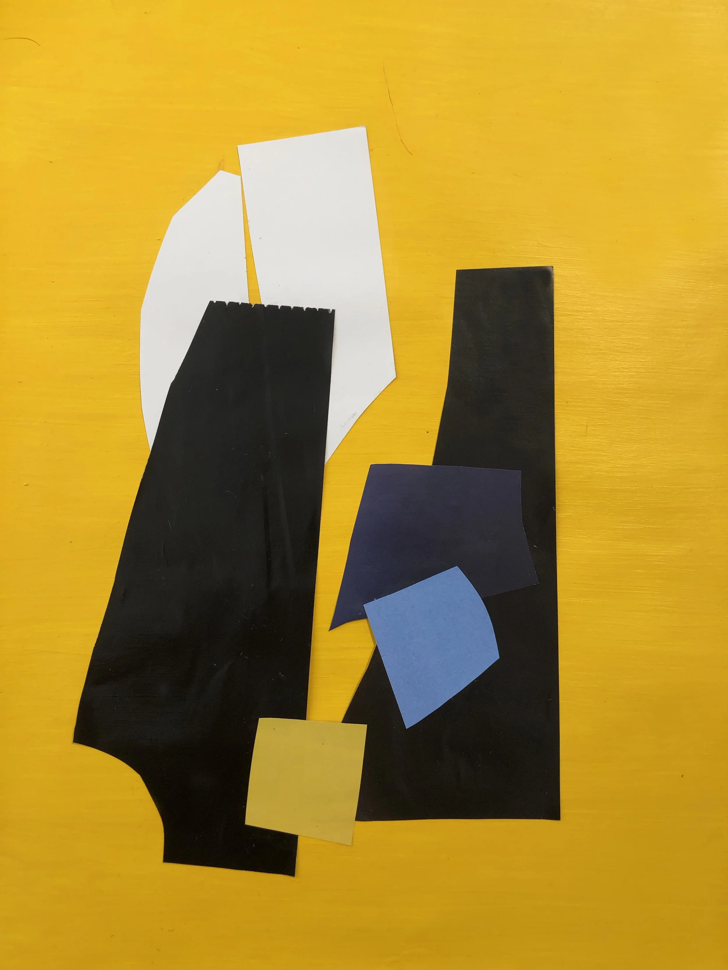 Abstract artwork with colored shapes in blue, black and white on yellow background.
