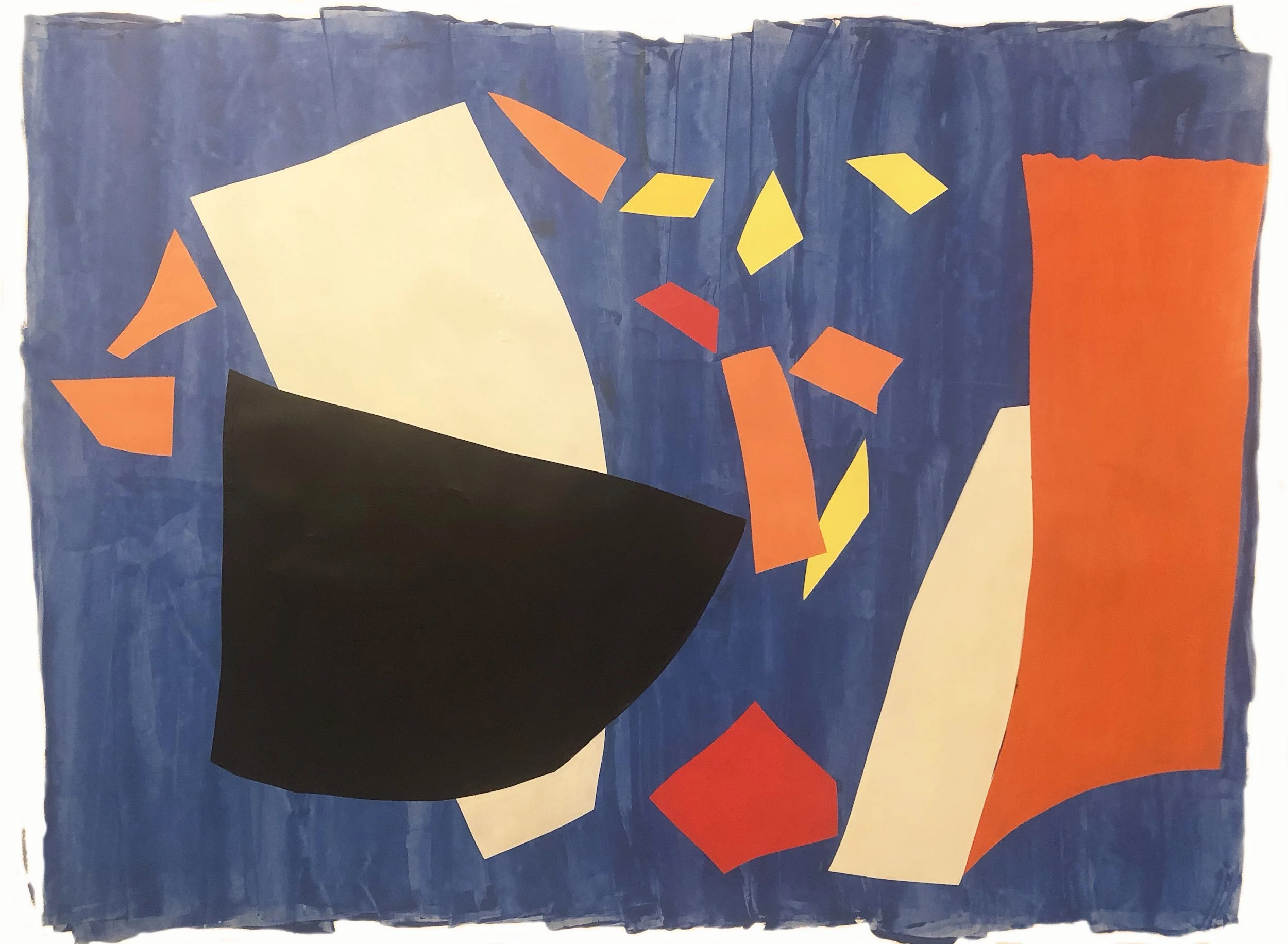 An abstract painting featuring geometric shapes in orange, red, yellow, black, white, and shades of blue.
