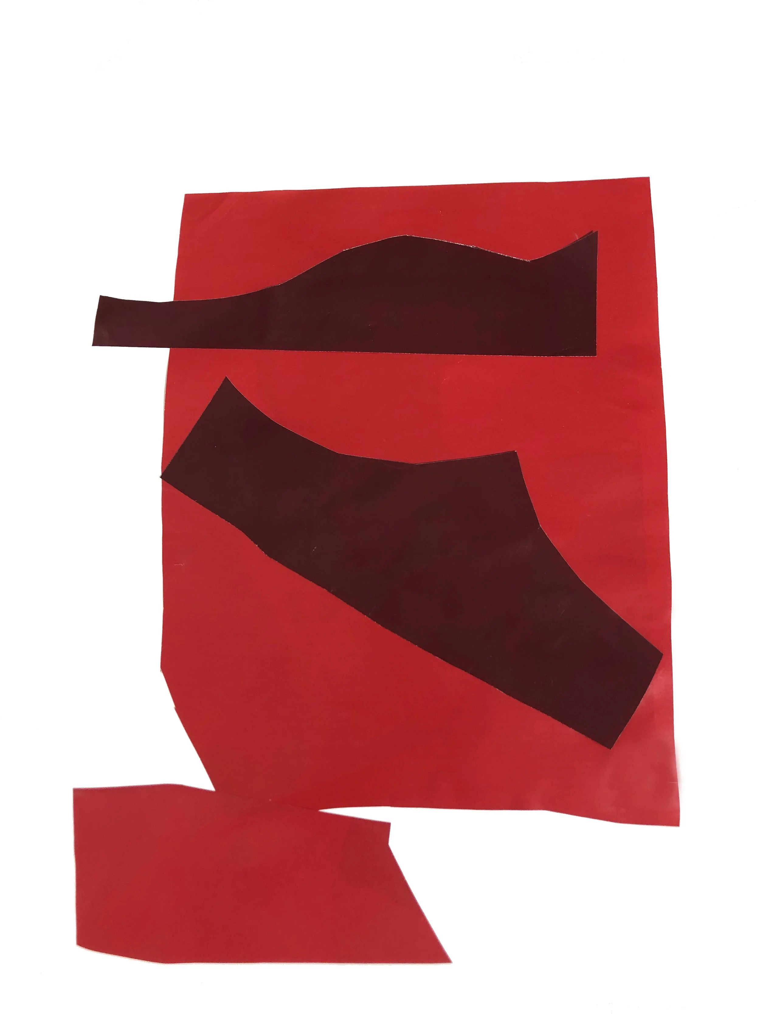 Abstract artwork with colored shapes in red and black.