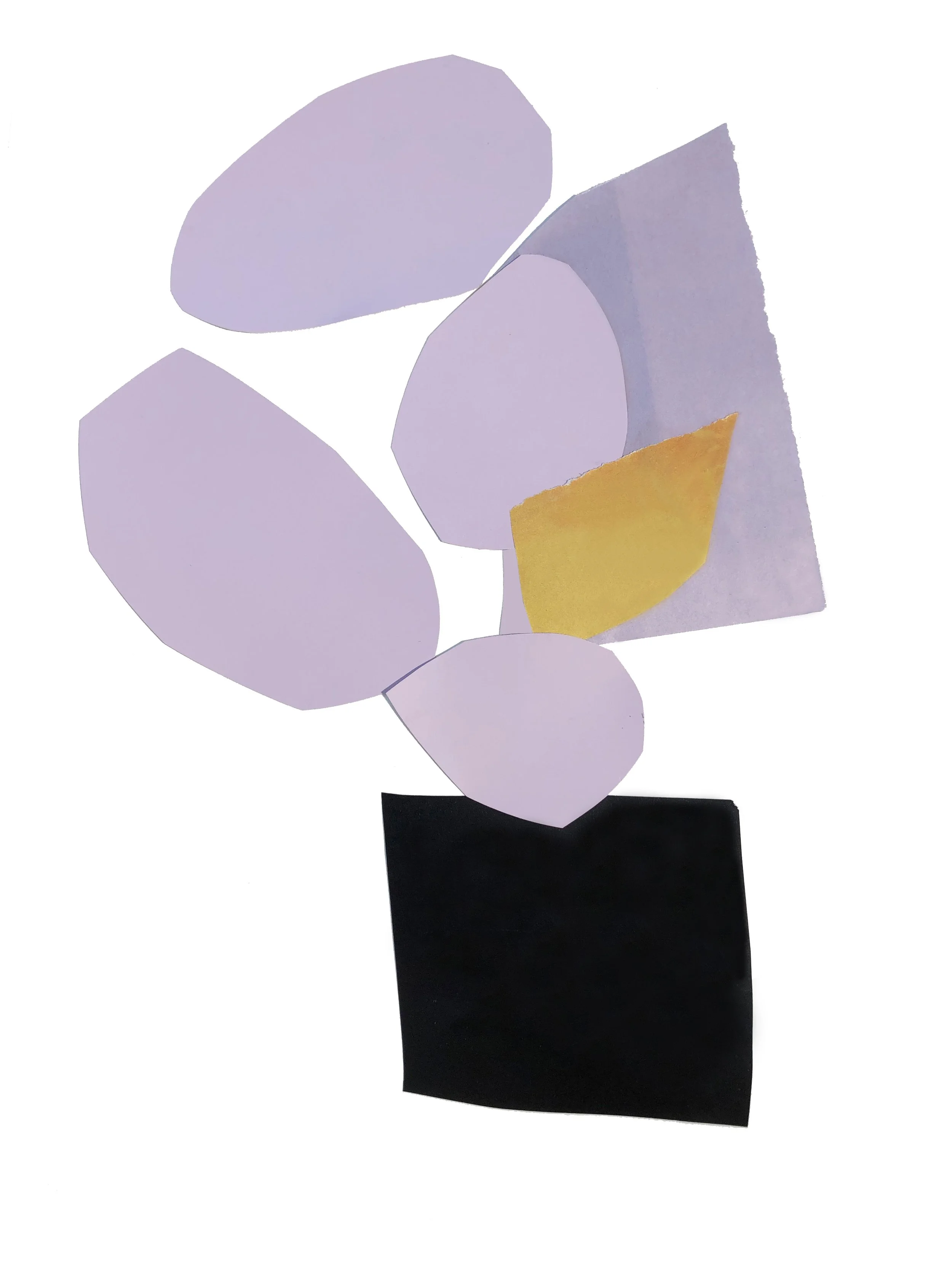 Abstract artwork with colored shapes in lavender, black and yellow.