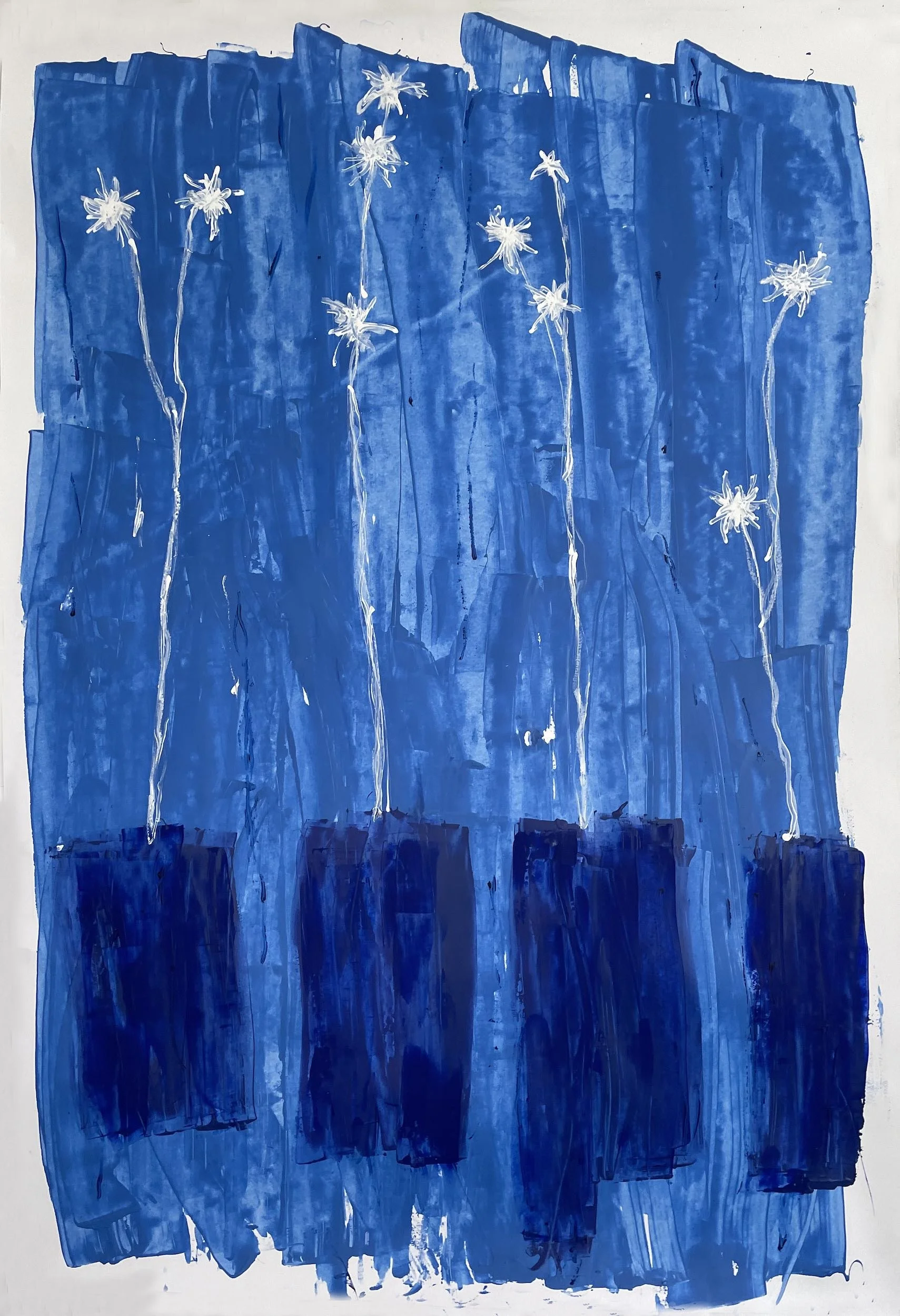 An abstract painting with a blue background, white flower-like shapes connected by thin white lines, and dark blue rectangular shapes at the bottom.