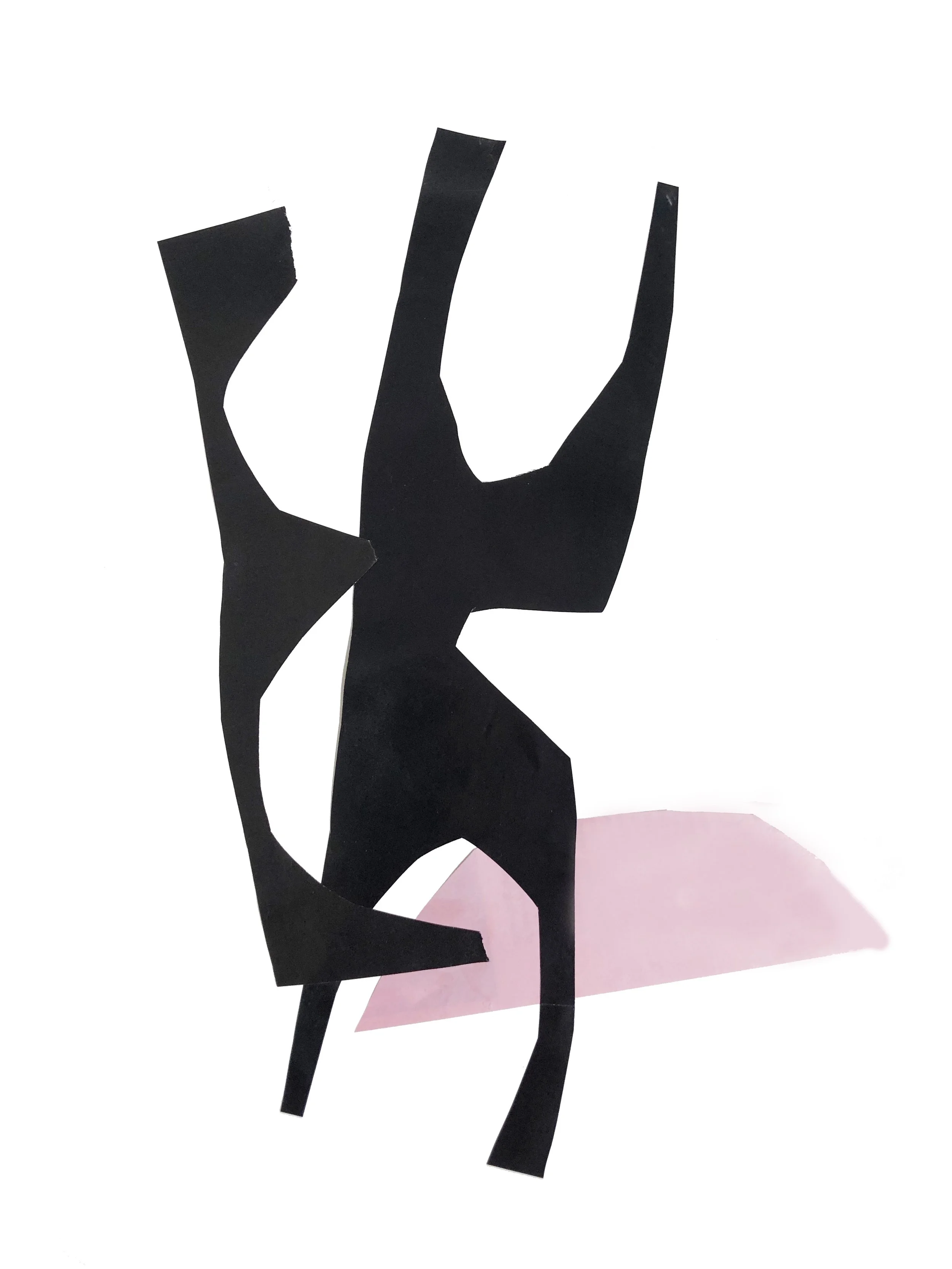 Abstract artwork with colored shapes in pink and black.