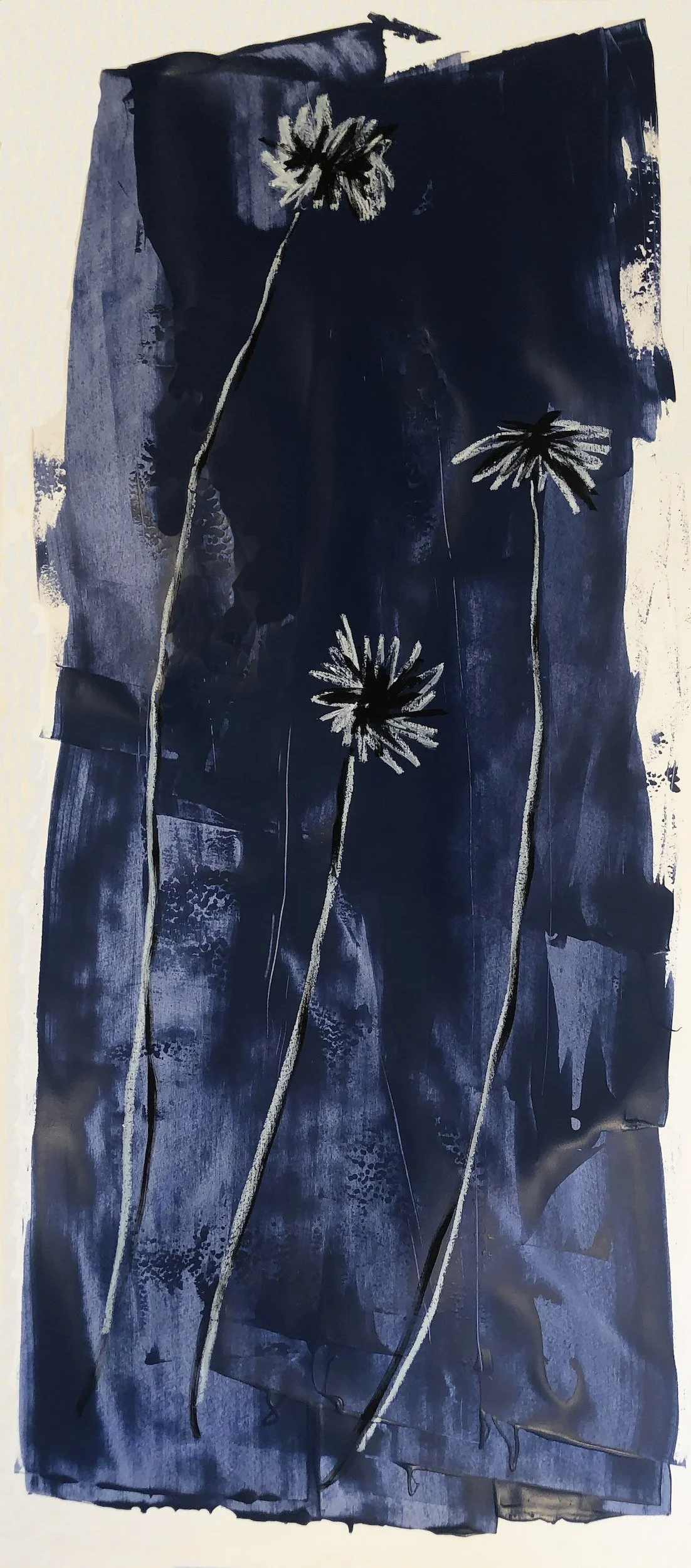 Abstract painting with dark blue and black background featuring three stylized daisies with long stems.