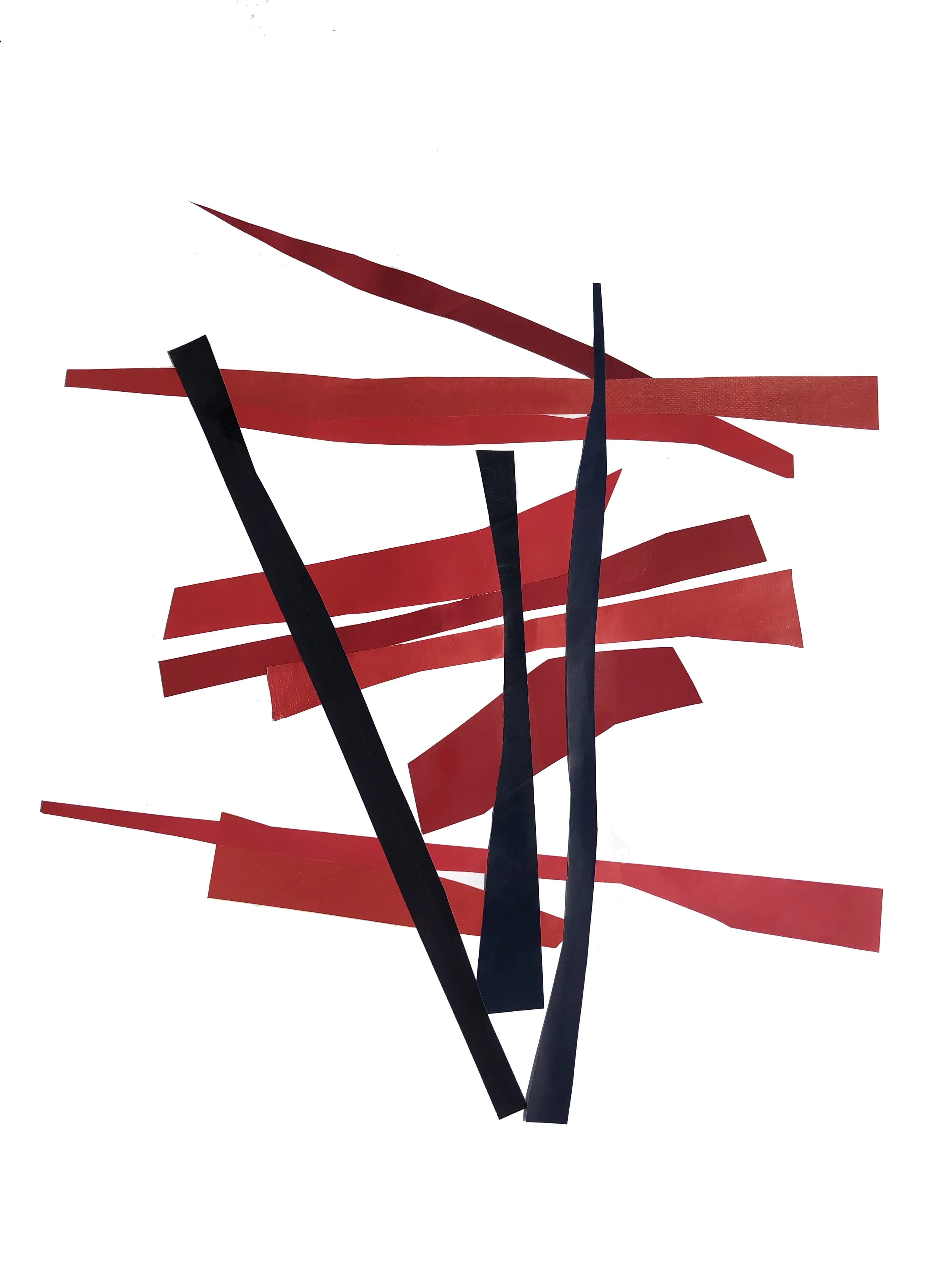 Abstract artwork with colored shapes in black and red.