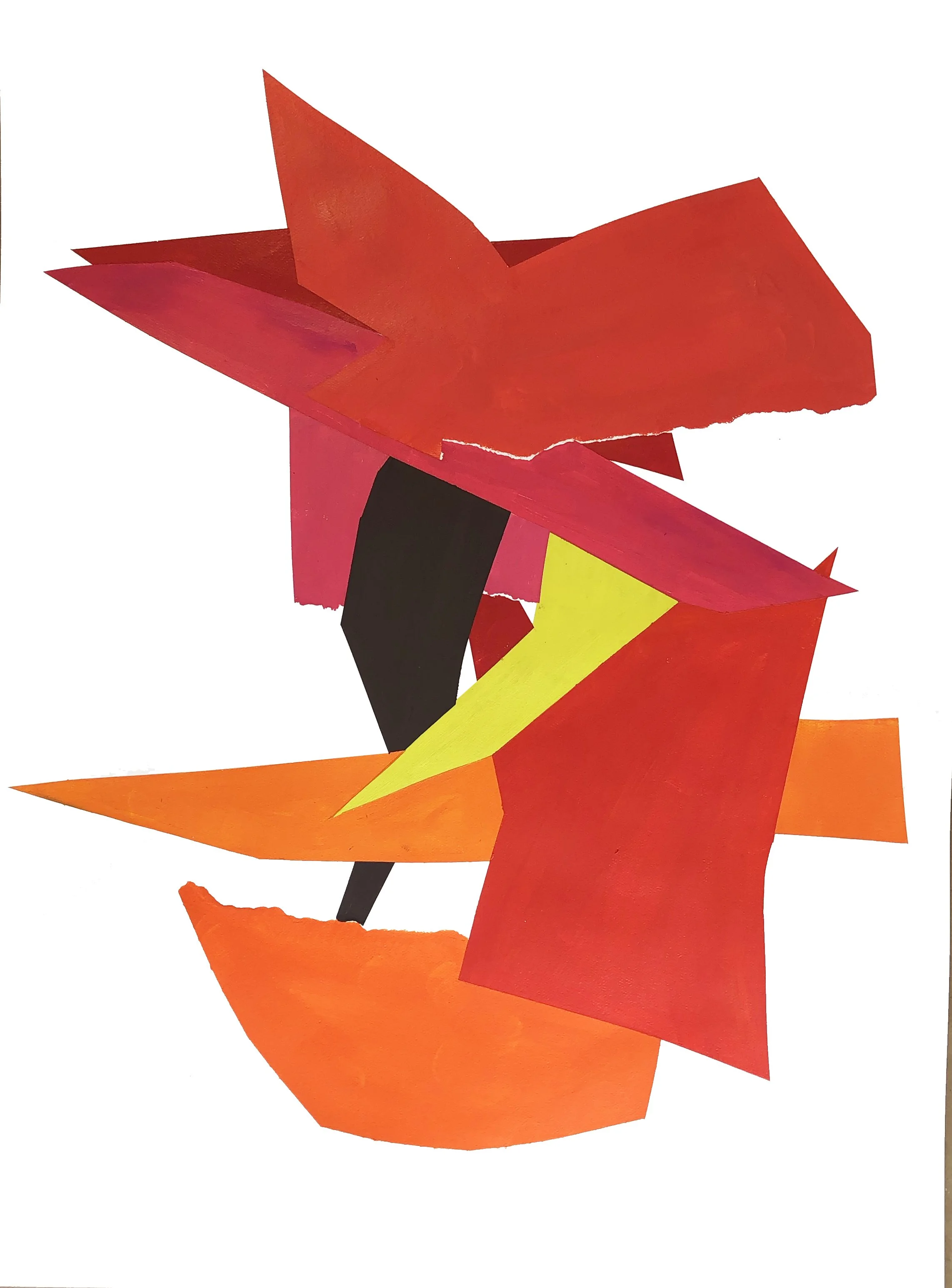 Colorful abstract paper collage artwork with red, orange, yellow, black, and pink paper shapes.