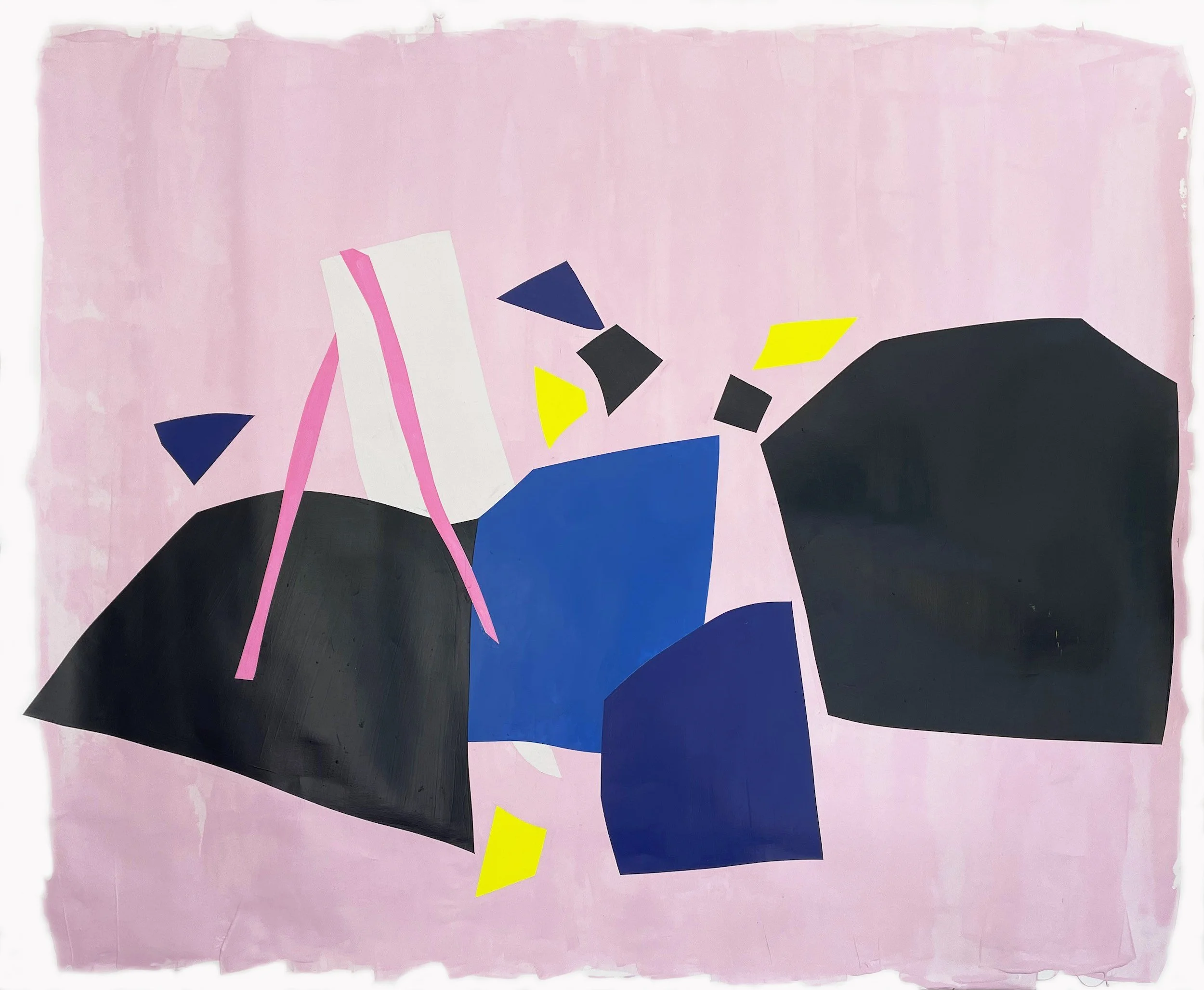 Abstract geometric artwork with large black, blue, white, pink, and yellow shapes on a pink background.